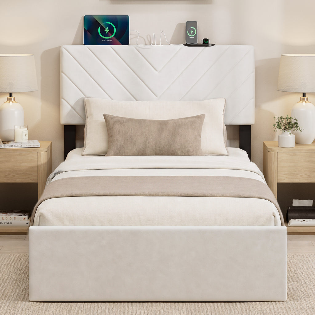 UHTN Twin Bed Frame with Adjustable Headboard, White Velvet Upholstered|Platform Bed with Charging Station, Under Bed Storage, Metal Slat Support, Noise Free, No Box Spring Needed, Easy Assembly