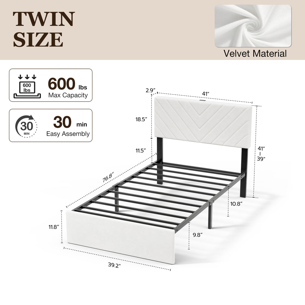 UHTN Twin Bed Frame with Adjustable Headboard, White Velvet Upholstered|Platform Bed with Charging Station, Under Bed Storage, Metal Slat Support, Noise Free, No Box Spring Needed, Easy Assembly