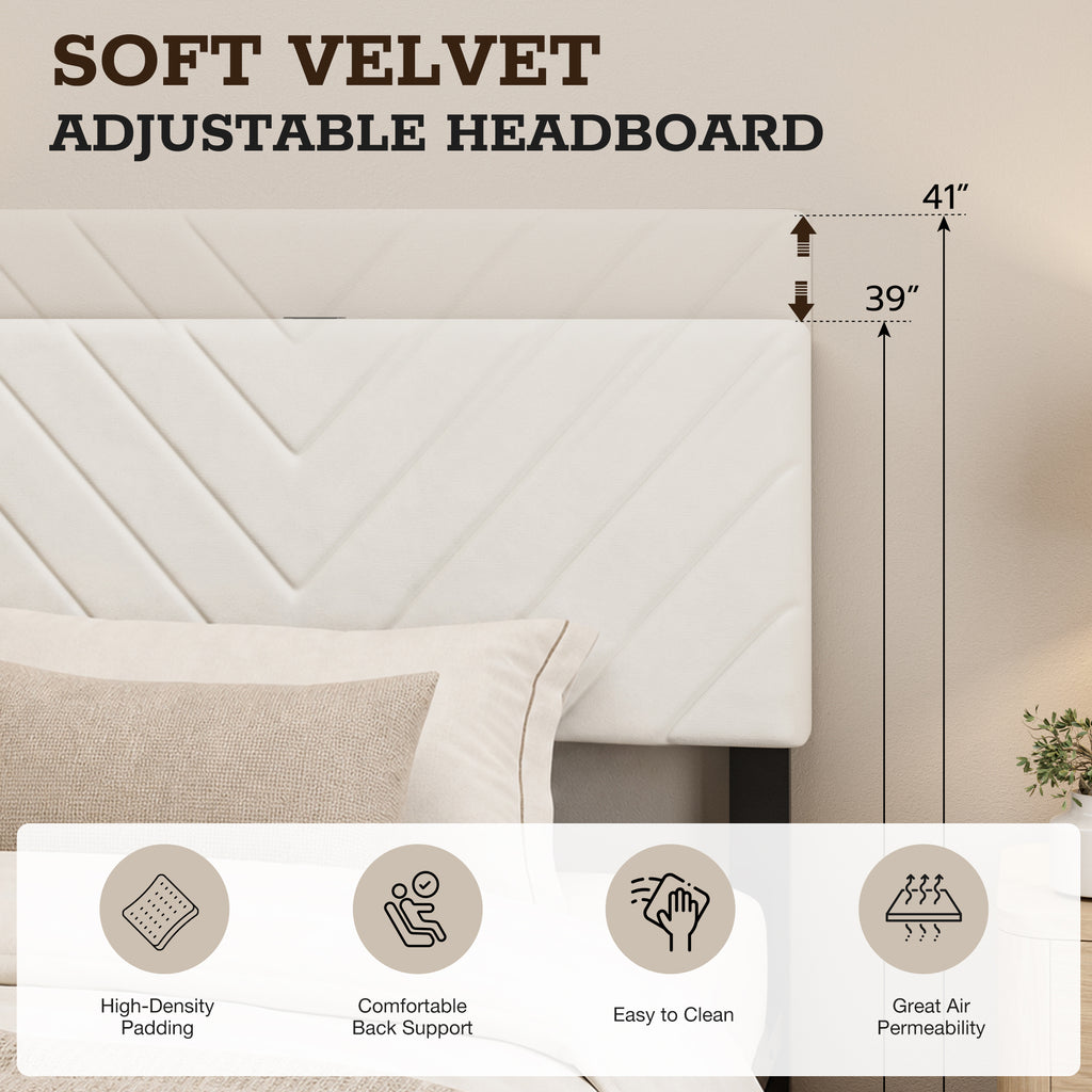 UHTN Twin Bed Frame with Adjustable Headboard, White Velvet Upholstered|Platform Bed with Charging Station, Under Bed Storage, Metal Slat Support, Noise Free, No Box Spring Needed, Easy Assembly
