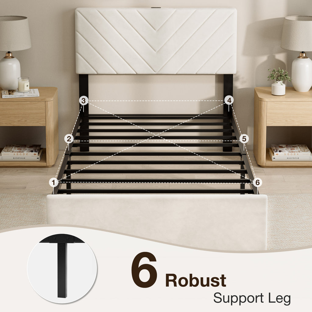 UHTN Twin Bed Frame with Adjustable Headboard, White Velvet Upholstered|Platform Bed with Charging Station, Under Bed Storage, Metal Slat Support, Noise Free, No Box Spring Needed, Easy Assembly