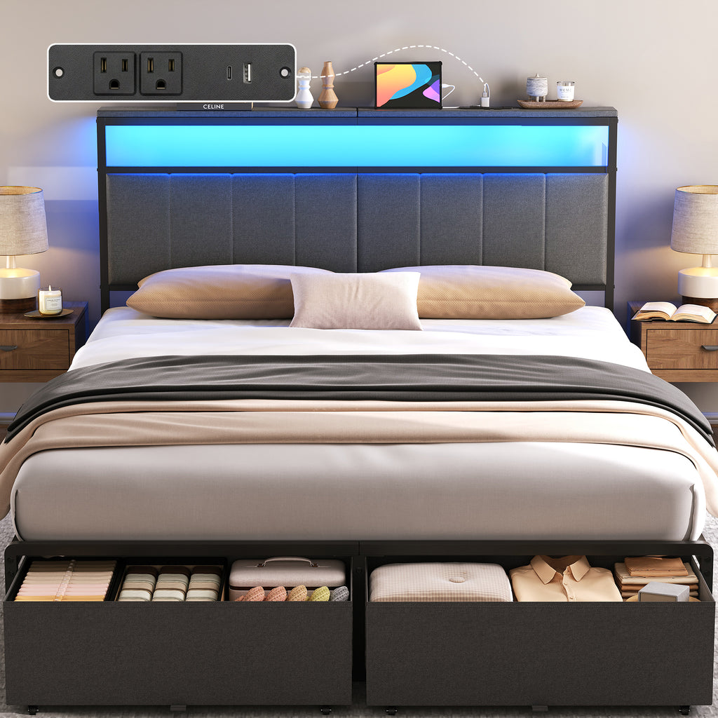 Bed Frame with 2 Storage Drawers, Upholstered Headboard with Charging Station and LED Lights, Metal Platform Bed with Storage Shelf, Noise Free, No Box Spring Needed, Easy Assembly, Grey