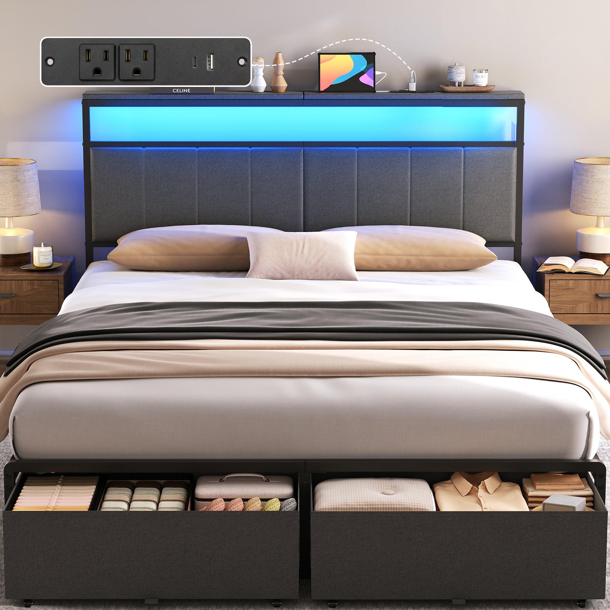 Bed Frame with 2 Storage Drawers, Upholstered Headboard with Charging Station and LED Lights, Metal Platform Bed with Storage Shelf, Noise Free, No Box Spring Needed, Easy Assembly, Grey