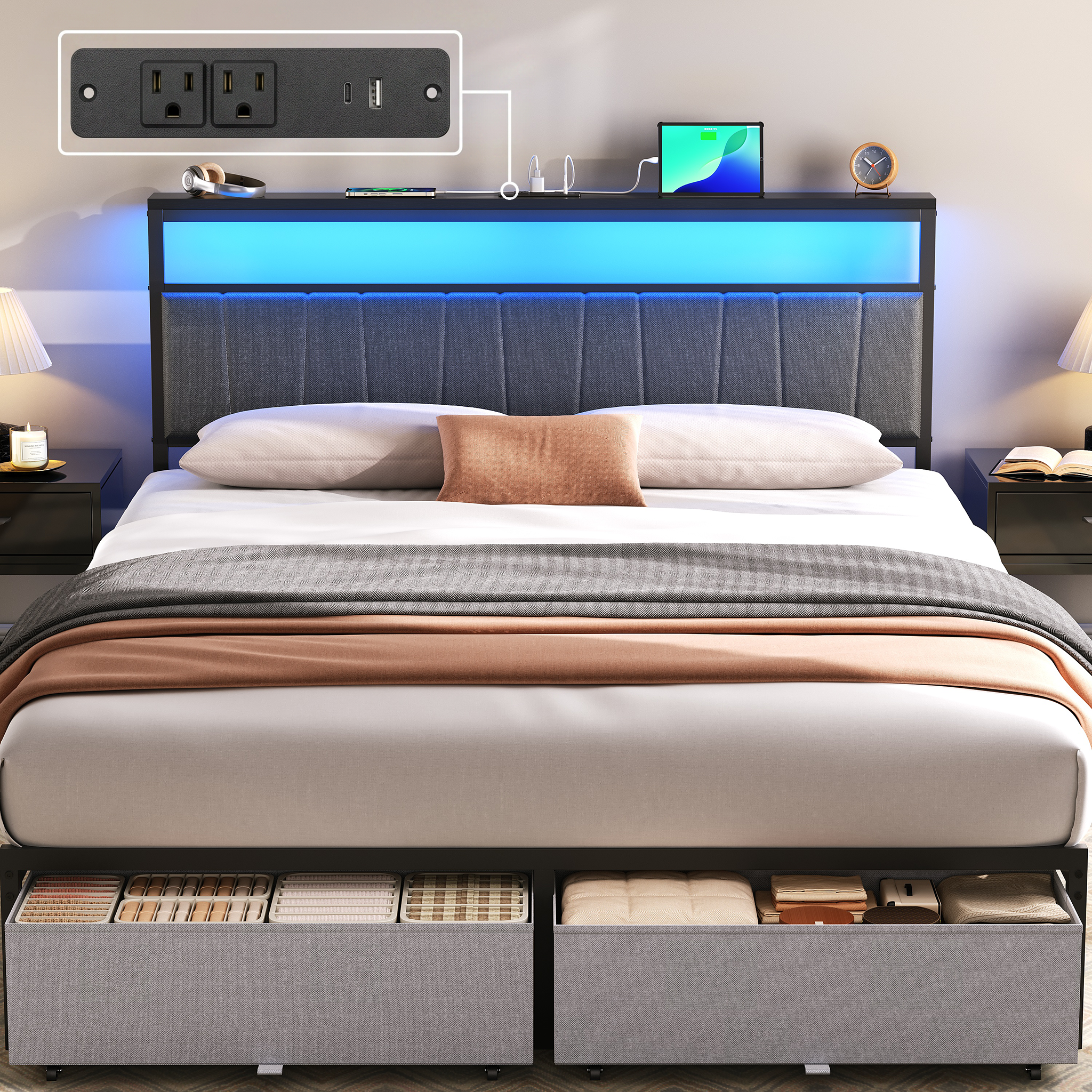 Queen Bed Frame with Storage Drawers and Charging Station, Upholstered Platform Bed with LED Lights, Headboard Storage Shelf, Noise Free, Metal Support, No Box Spring Needed, Easy Assembly, Grey
