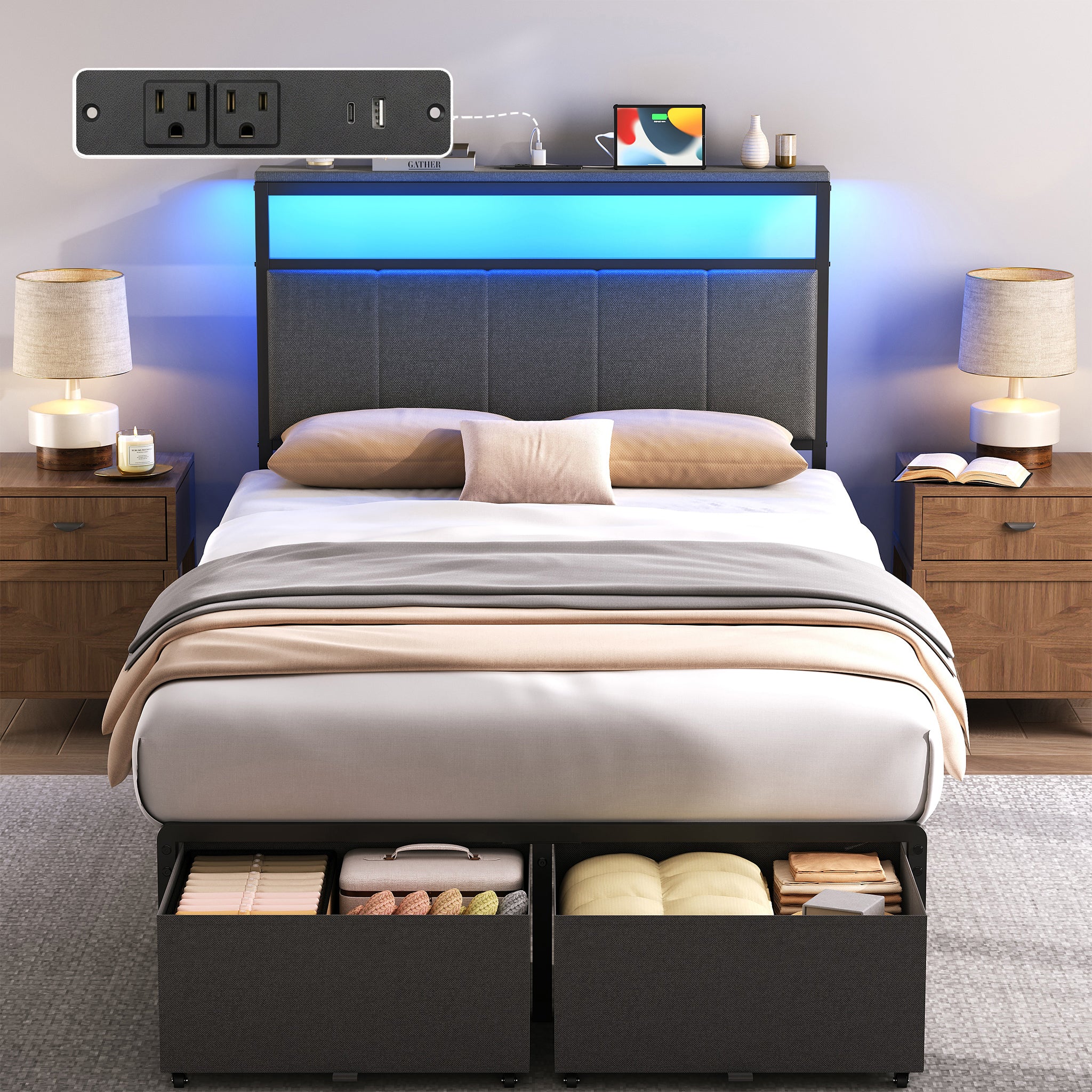 Bed Frame with 2 Storage Drawers, Upholstered Headboard with Charging Station and LED Lights, Metal Platform Bed with Storage Shelf, Noise Free, No Box Spring Needed, Easy Assembly, Grey