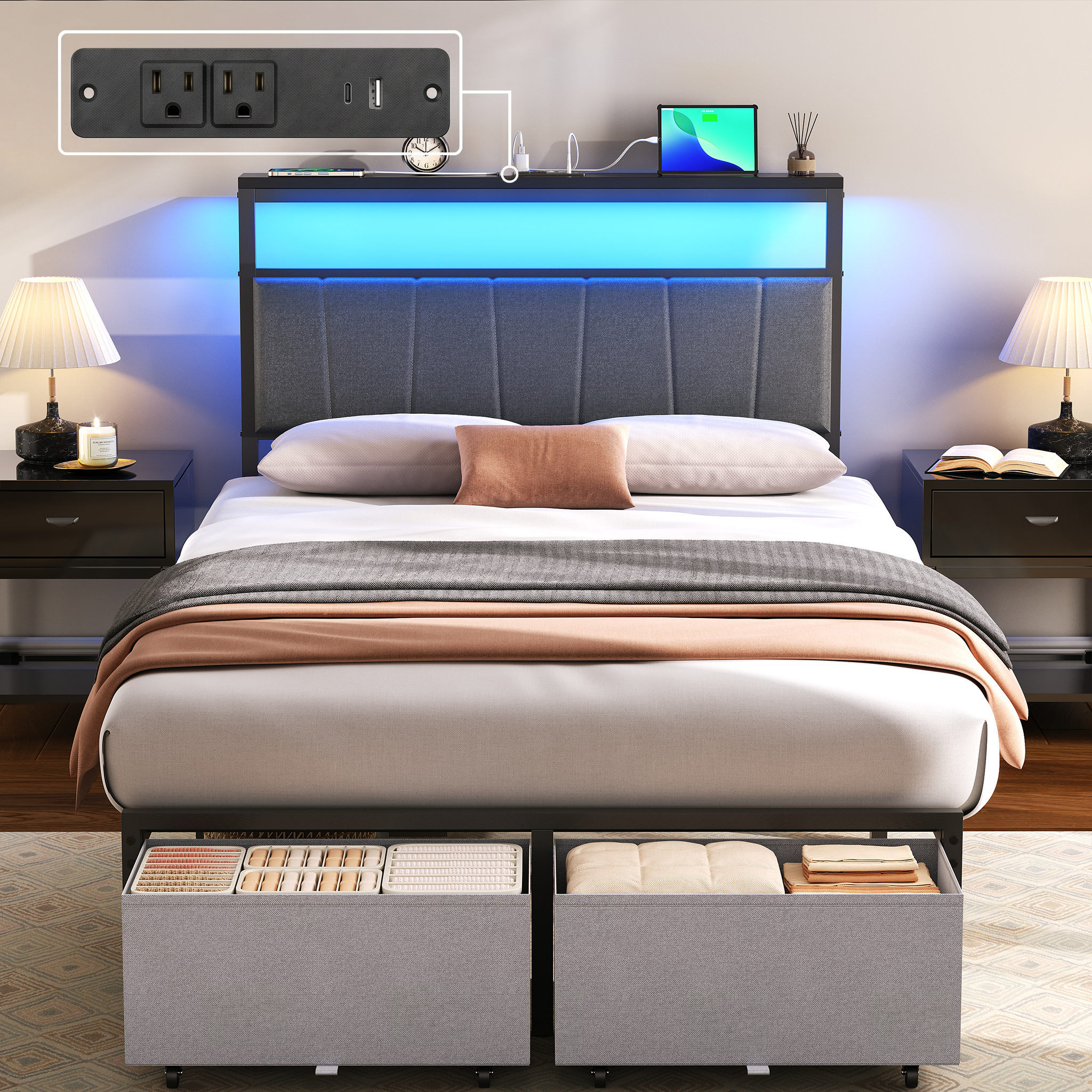 Queen Bed Frame with Storage Drawers and Charging Station, Upholstered Platform Bed with LED Lights, Headboard Storage Shelf, Noise Free, Metal Support, No Box Spring Needed, Easy Assembly, Grey