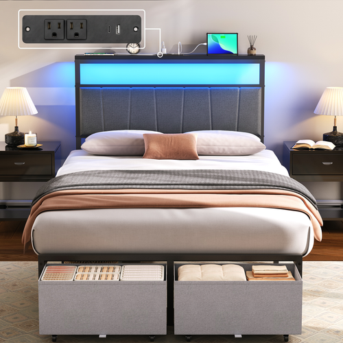 Queen Bed Frame with Storage Drawers and Charging Station, Upholstered Platform Bed with LED Lights, Headboard Storage Shelf, Noise Free, Metal Support, No Box Spring Needed, Easy Assembly, Grey