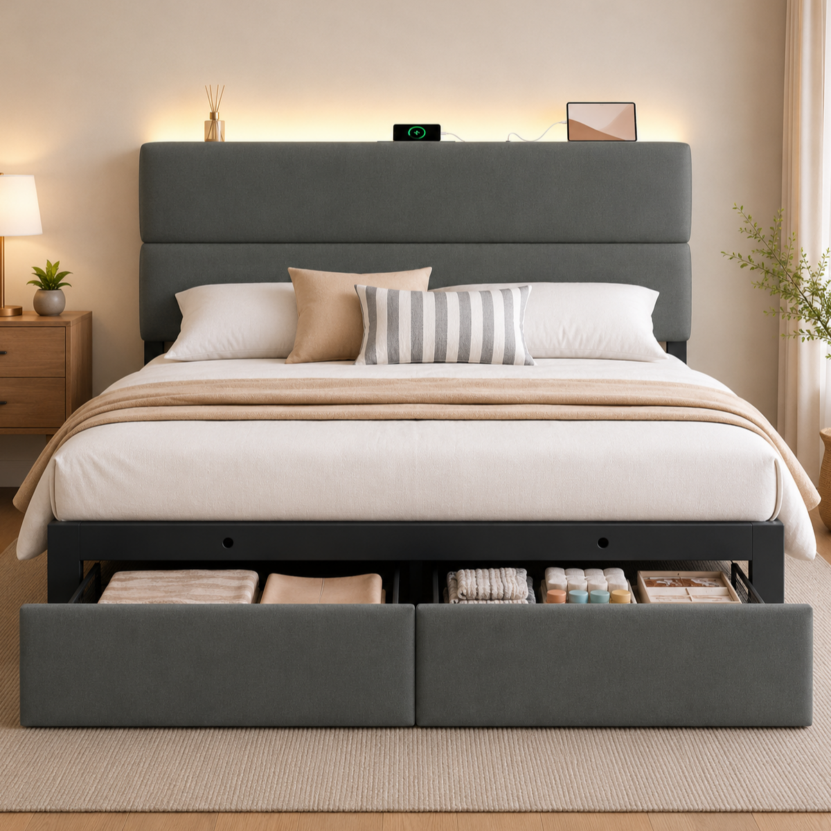 Queen Bed Frame with 2 Storage Drawers, Velvet Upholstered Platform Bed Frame with Charging Ledge, LED Headboard Lighting, Metal Support, Noise Free, No Box Spring Needed, Easy Assembly
