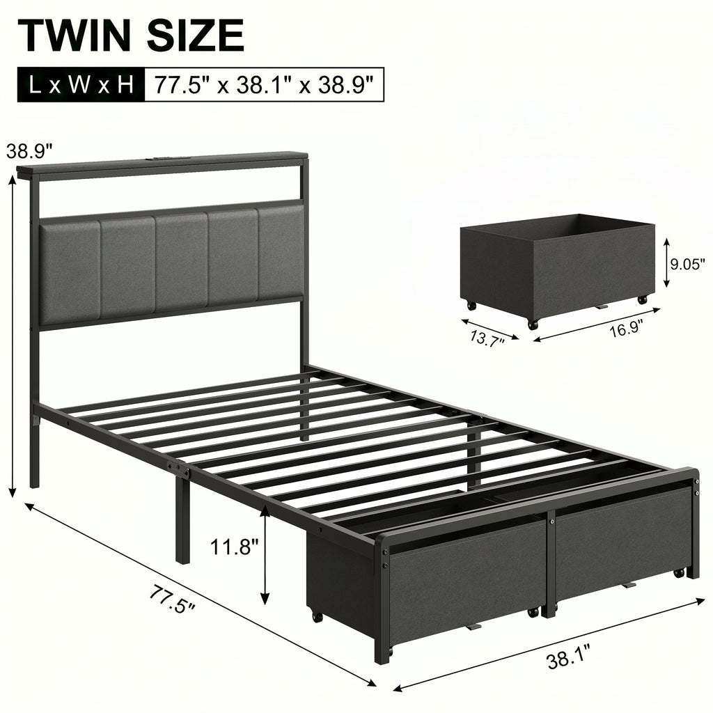 Bed Frame with 2 Storage Drawers, Upholstered Headboard with Charging Station and LED Lights, Metal Platform Bed with Storage Shelf, Noise Free, No Box Spring Needed, Easy Assembly, Grey