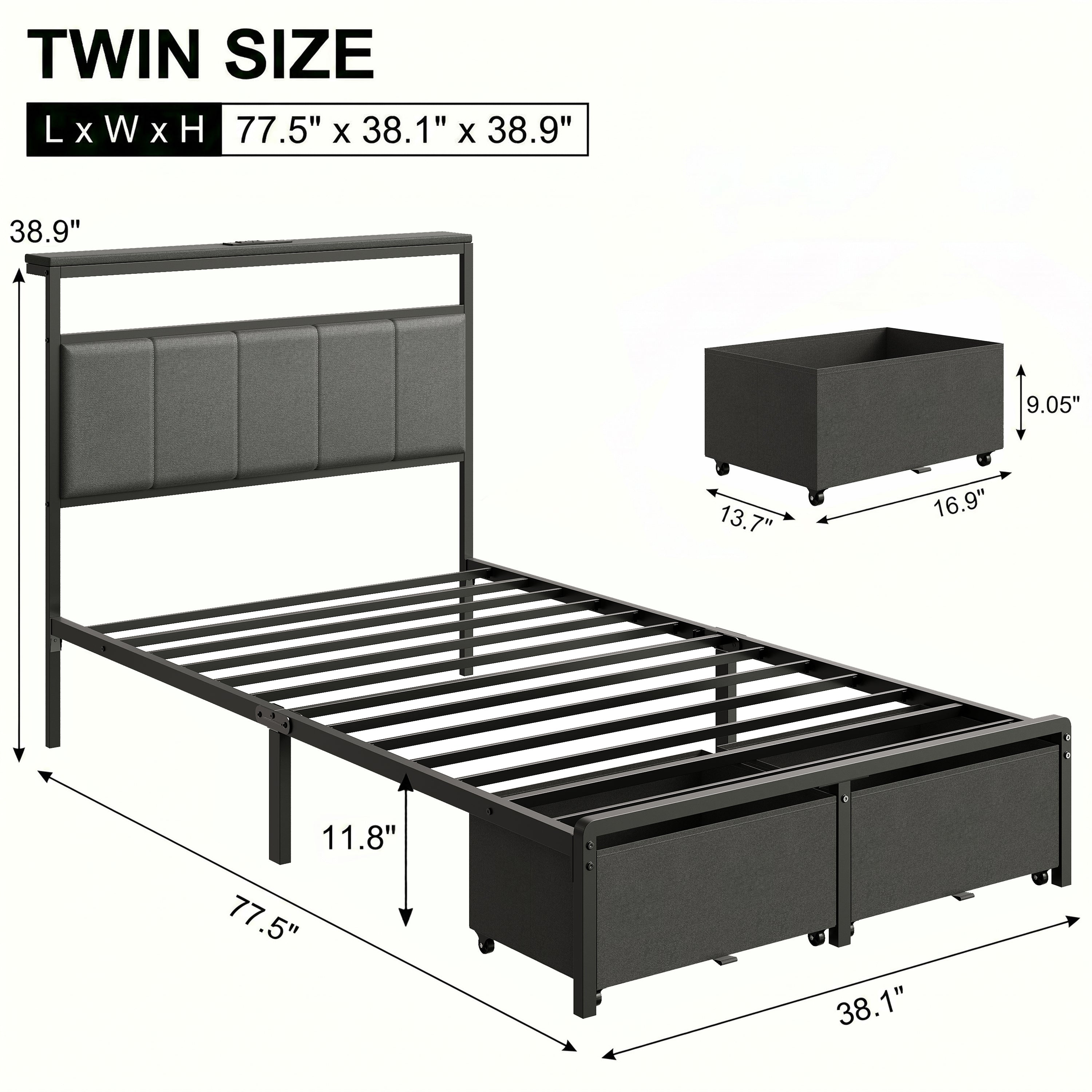 Bed Frame with 2 Storage Drawers, Upholstered Headboard with Charging Station and LED Lights, Metal Platform Bed with Storage Shelf, Noise Free, No Box Spring Needed, Easy Assembly, Grey