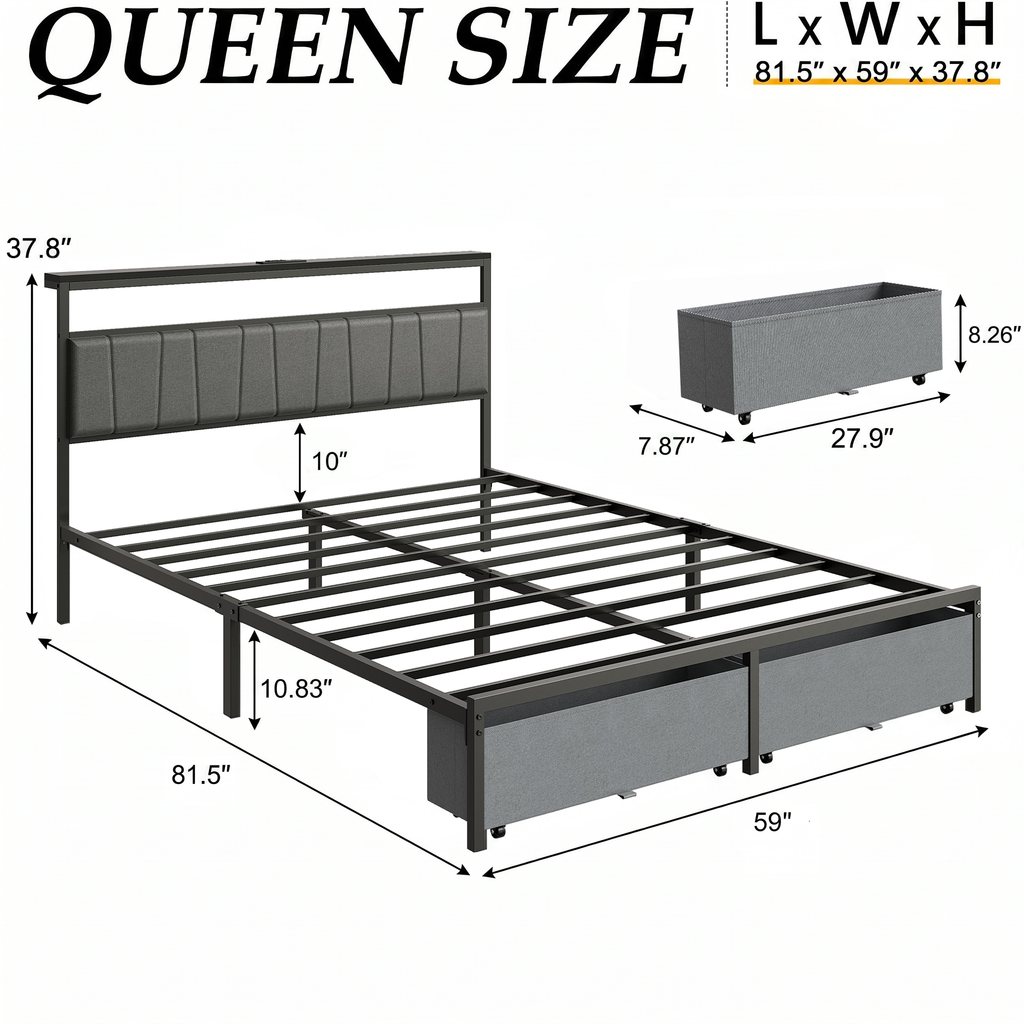 Queen Bed Frame with Storage Drawers and Charging Station, Upholstered Platform Bed with LED Lights, Headboard Storage Shelf, Noise Free, Metal Support, No Box Spring Needed, Easy Assembly, Grey