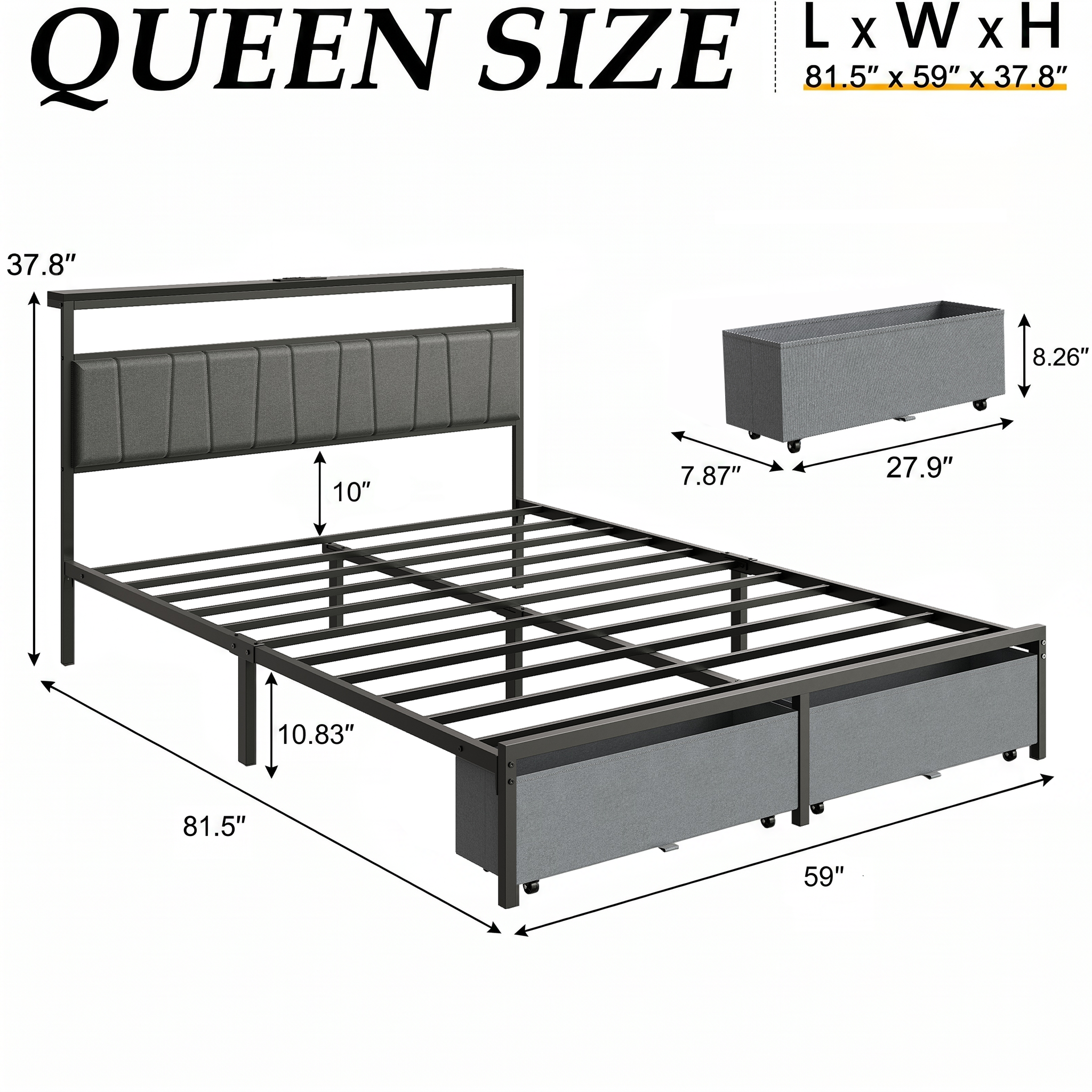 Queen Bed Frame with Storage Drawers and Charging Station, Upholstered Platform Bed with LED Lights, Headboard Storage Shelf, Noise Free, Metal Support, No Box Spring Needed, Easy Assembly, Grey