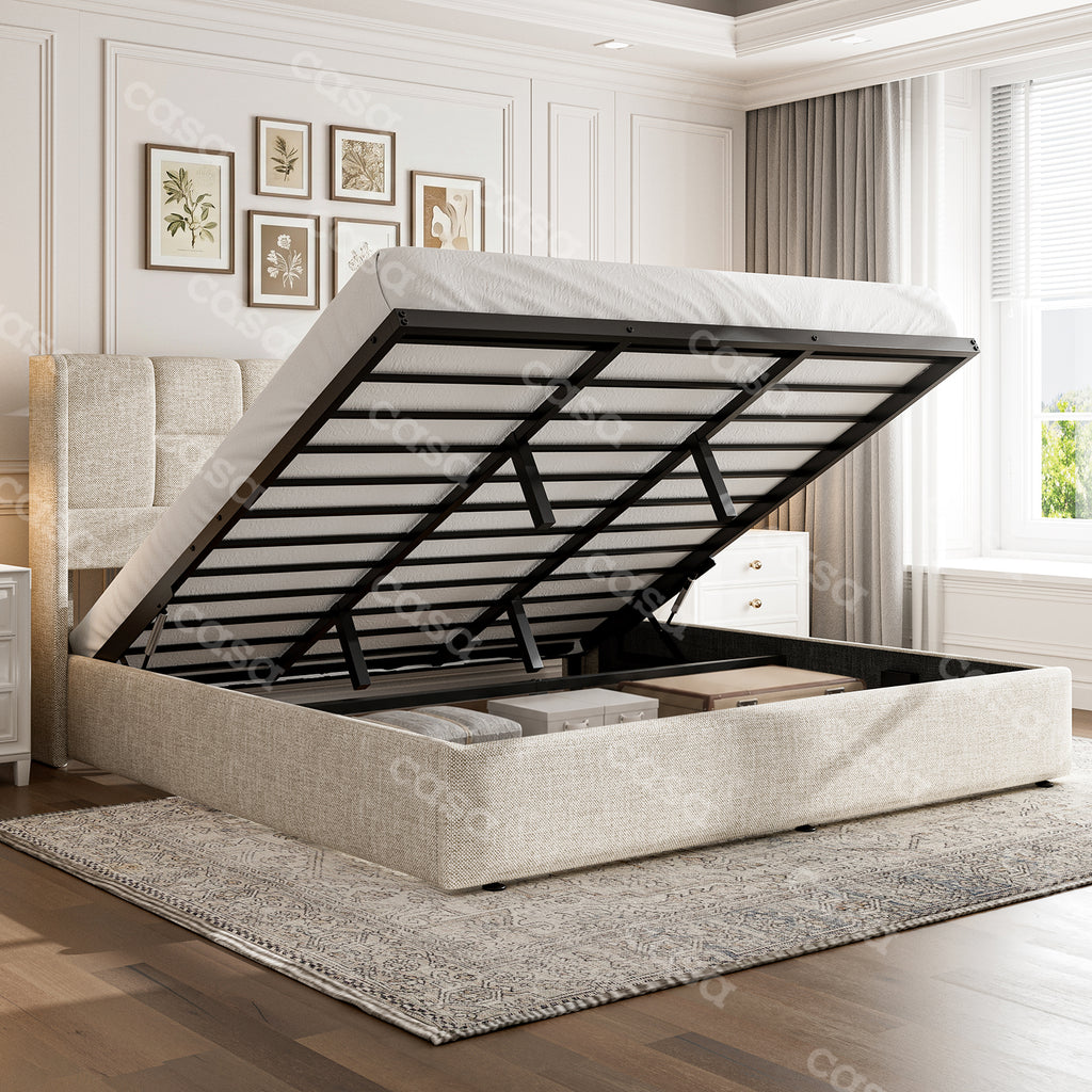 King Bed Frame with Hydraulic Gas Lift Up Storage, Linen Upholstered Platform Bed with Wingback Headboard, Heavy Duty Metal Slats, Noise Free, 1000LBS Capacity, No Box Spring Needed, Beige