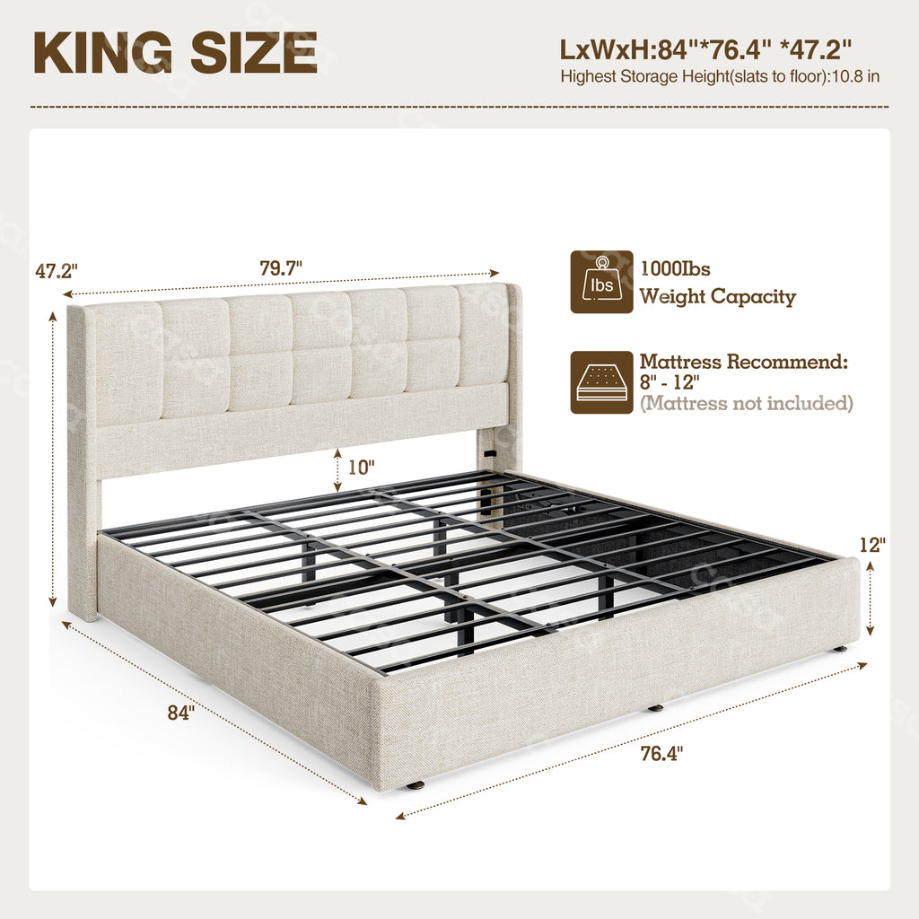 King Bed Frame with Hydraulic Gas Lift Up Storage, Linen Upholstered Platform Bed with Wingback Headboard, Heavy Duty Metal Slats, Noise Free, 1000LBS Capacity, No Box Spring Needed, Beige