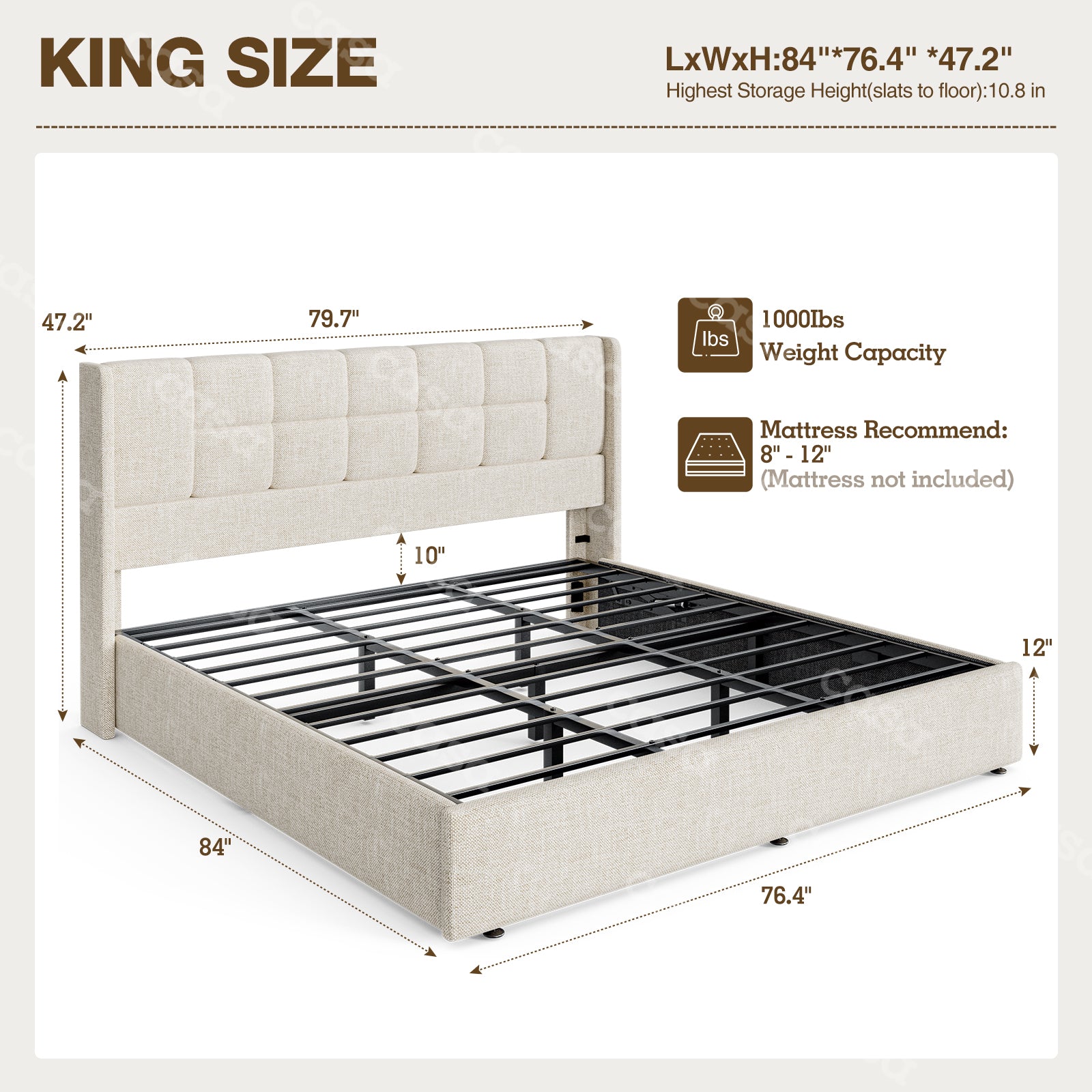 King Bed Frame with Hydraulic Gas Lift Up Storage, Linen Upholstered Platform Bed with Wingback Headboard, Heavy Duty Metal Slats, Noise Free, 1000LBS Capacity, No Box Spring Needed, Beige