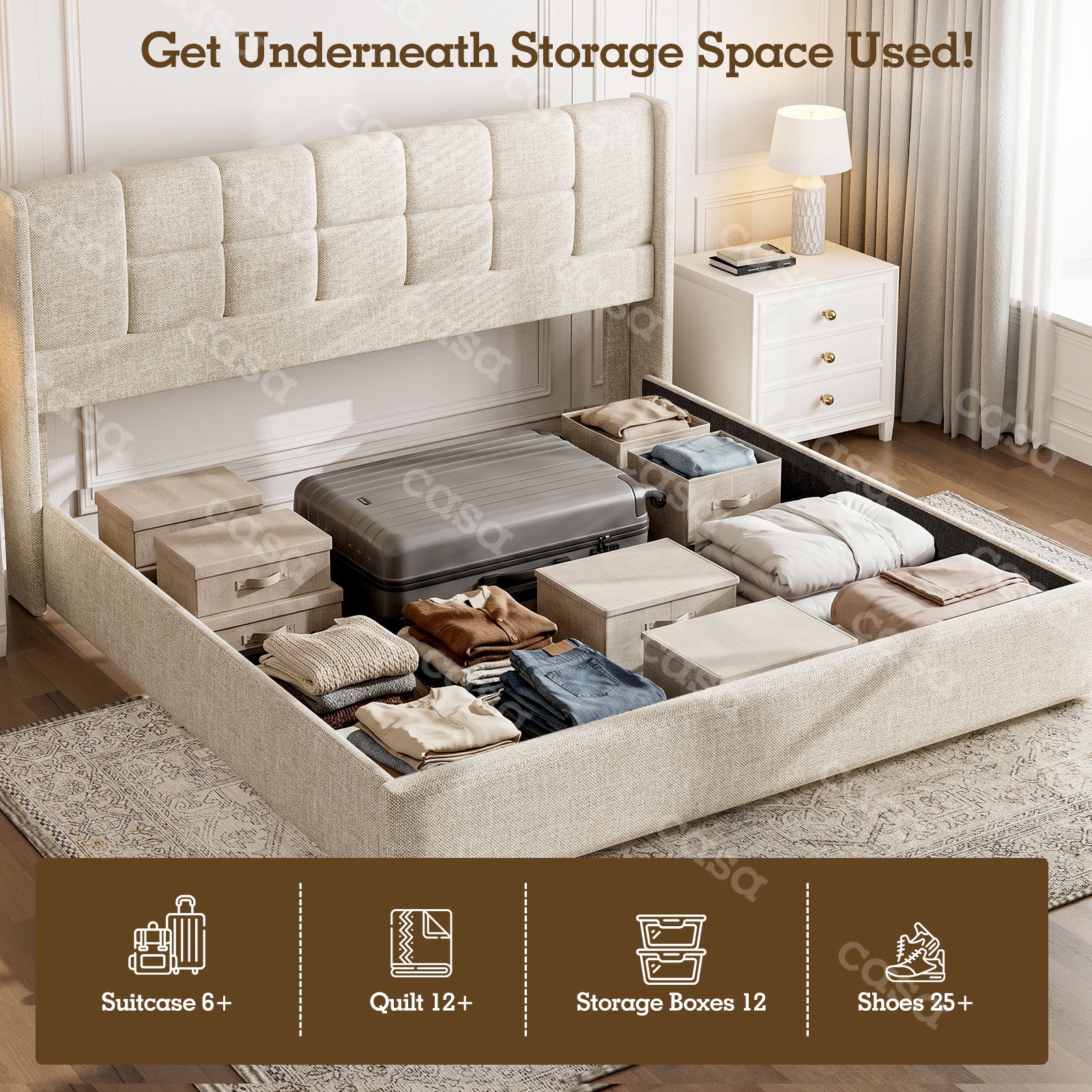 King Bed Frame with Hydraulic Gas Lift Up Storage, Linen Upholstered Platform Bed with Wingback Headboard, Heavy Duty Metal Slats, Noise Free, 1000LBS Capacity, No Box Spring Needed, Beige