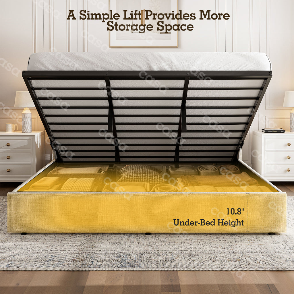 King Bed Frame with Hydraulic Gas Lift Up Storage, Linen Upholstered Platform Bed with Wingback Headboard, Heavy Duty Metal Slats, Noise Free, 1000LBS Capacity, No Box Spring Needed, Beige