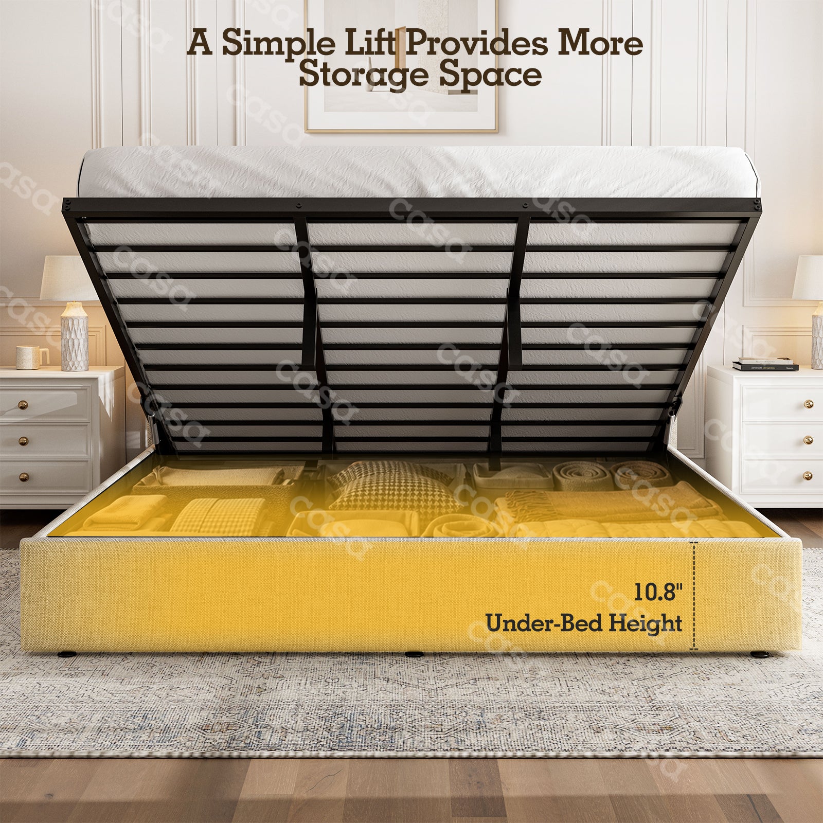 King Bed Frame with Hydraulic Gas Lift Up Storage, Linen Upholstered Platform Bed with Wingback Headboard, Heavy Duty Metal Slats, Noise Free, 1000LBS Capacity, No Box Spring Needed, Beige