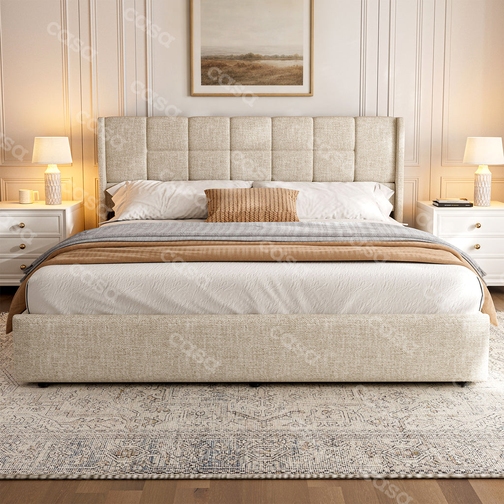 King Bed Frame with Hydraulic Gas Lift Up Storage, Linen Upholstered Platform Bed with Wingback Headboard, Heavy Duty Metal Slats, Noise Free, 1000LBS Capacity, No Box Spring Needed, Beige