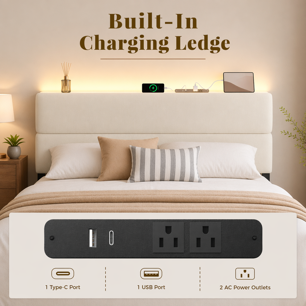 Queen Bed Frame with 2 Storage Drawers, Velvet Upholstered Platform Bed Frame with Charging Ledge, LED Headboard Lighting, Metal Support, Noise Free, No Box Spring Needed, Easy Assembly