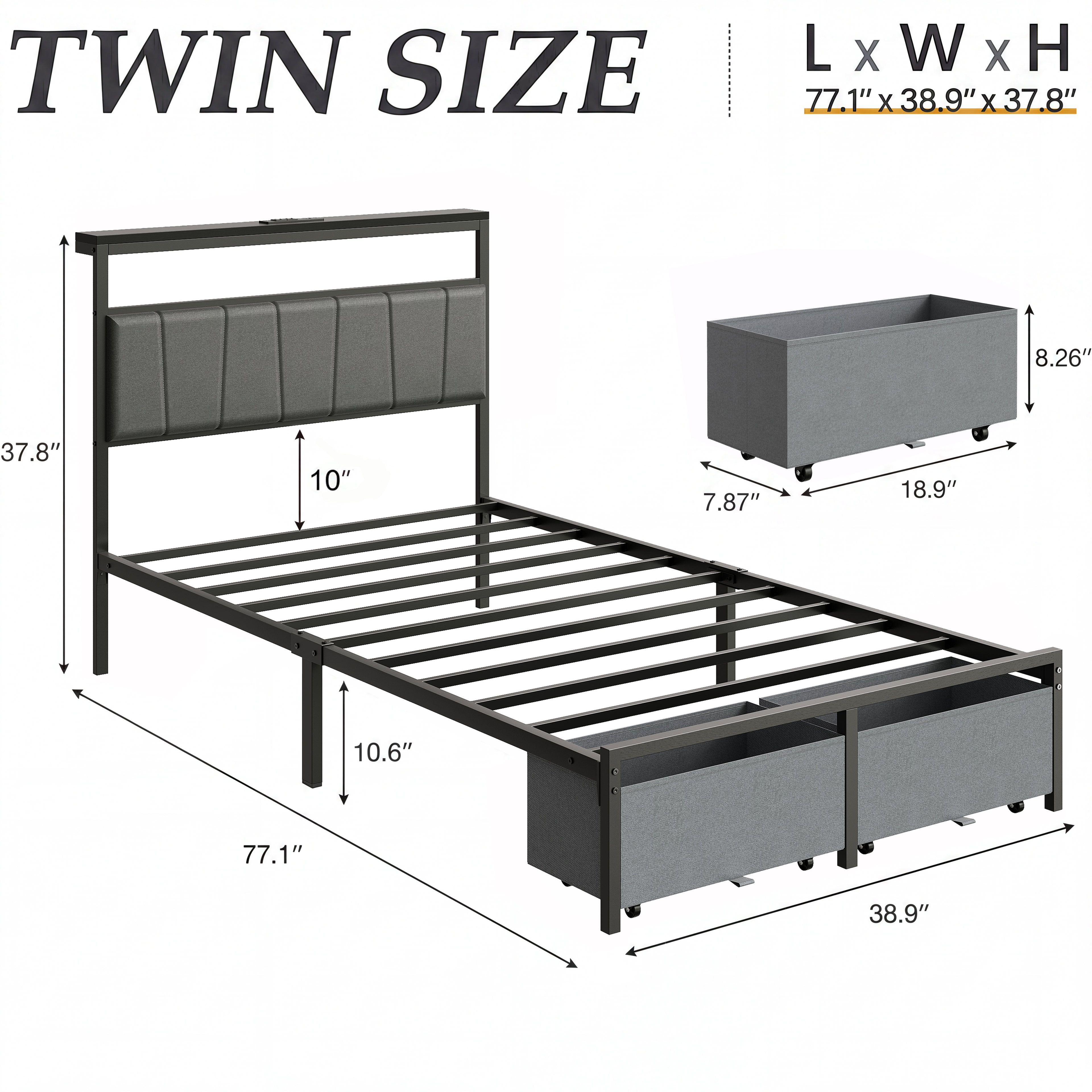 Queen Bed Frame with Storage Drawers and Charging Station, Upholstered Platform Bed with LED Lights, Headboard Storage Shelf, Noise Free, Metal Support, No Box Spring Needed, Easy Assembly, Grey