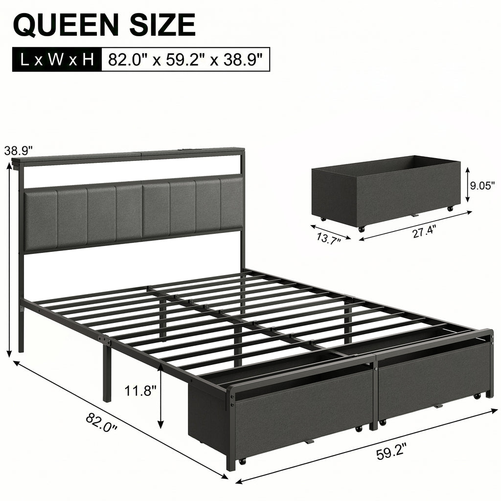 Bed Frame with 2 Storage Drawers, Upholstered Headboard with Charging Station and LED Lights, Metal Platform Bed with Storage Shelf, Noise Free, No Box Spring Needed, Easy Assembly, Grey