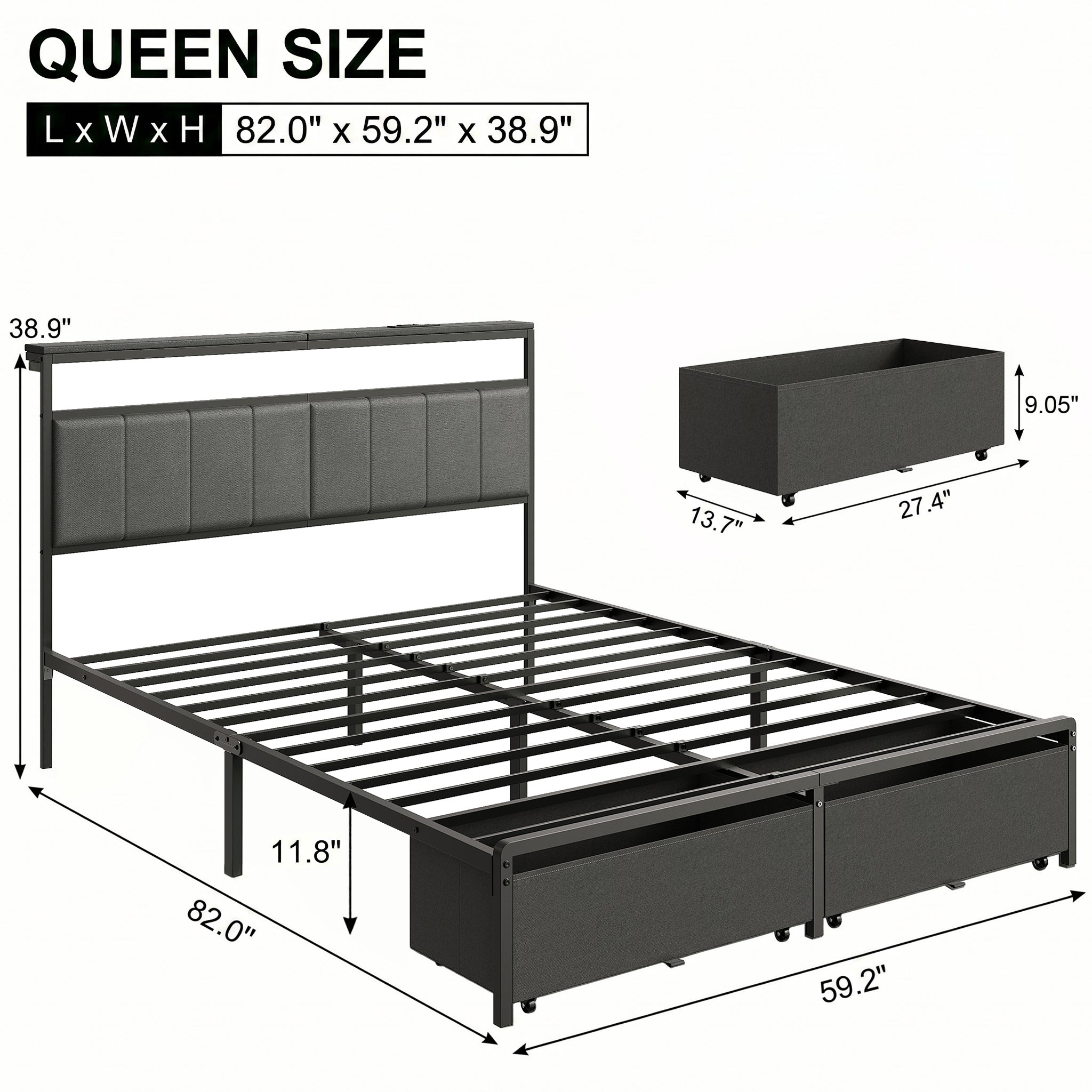 Bed Frame with 2 Storage Drawers, Upholstered Headboard with Charging Station and LED Lights, Metal Platform Bed with Storage Shelf, Noise Free, No Box Spring Needed, Easy Assembly, Grey