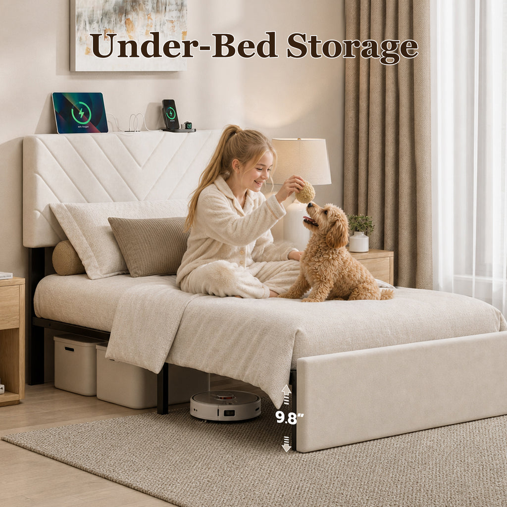 UHTN Twin Bed Frame with Adjustable Headboard, White Velvet Upholstered|Platform Bed with Charging Station, Under Bed Storage, Metal Slat Support, Noise Free, No Box Spring Needed, Easy Assembly
