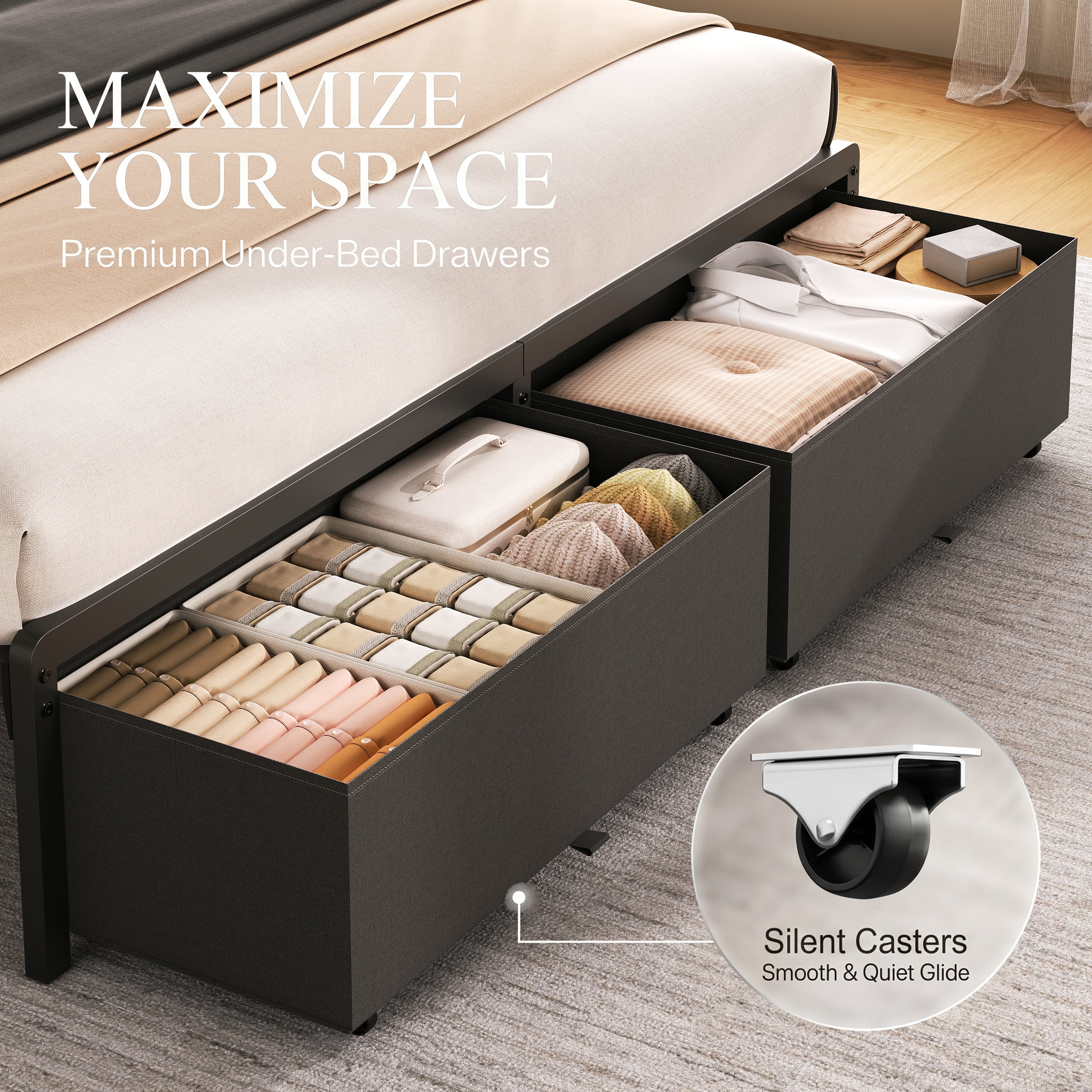 Bed Frame with 2 Storage Drawers, Upholstered Headboard with Charging Station and LED Lights, Metal Platform Bed with Storage Shelf, Noise Free, No Box Spring Needed, Easy Assembly, Grey