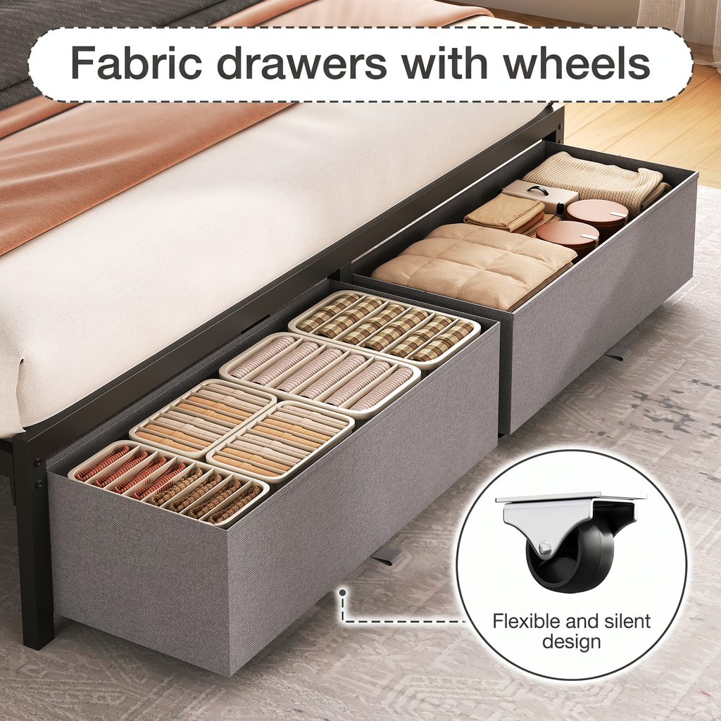 Queen Bed Frame with Storage Drawers and Charging Station, Upholstered Platform Bed with LED Lights, Headboard Storage Shelf, Noise Free, Metal Support, No Box Spring Needed, Easy Assembly, Grey