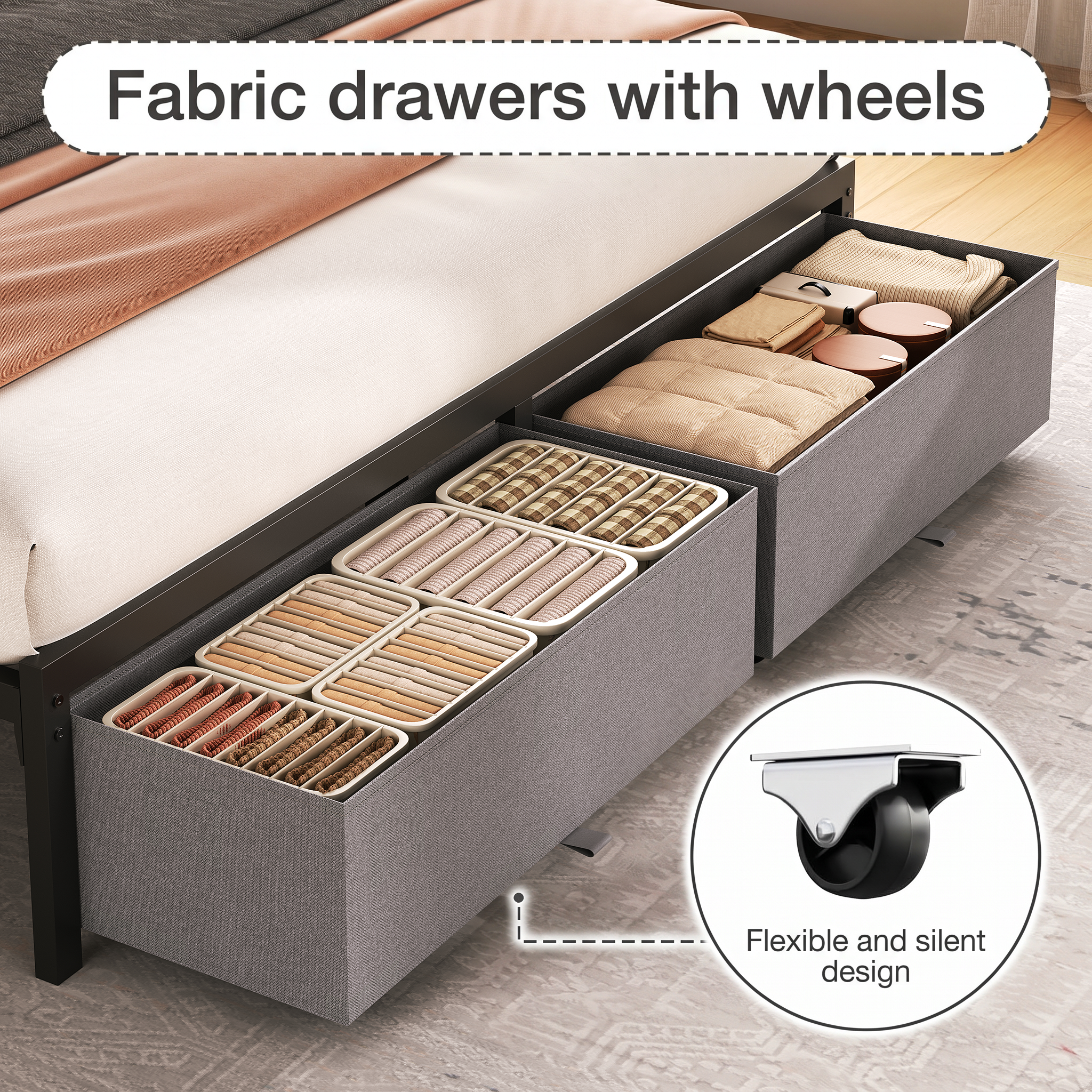 Queen Bed Frame with Storage Drawers and Charging Station, Upholstered Platform Bed with LED Lights, Headboard Storage Shelf, Noise Free, Metal Support, No Box Spring Needed, Easy Assembly, Grey