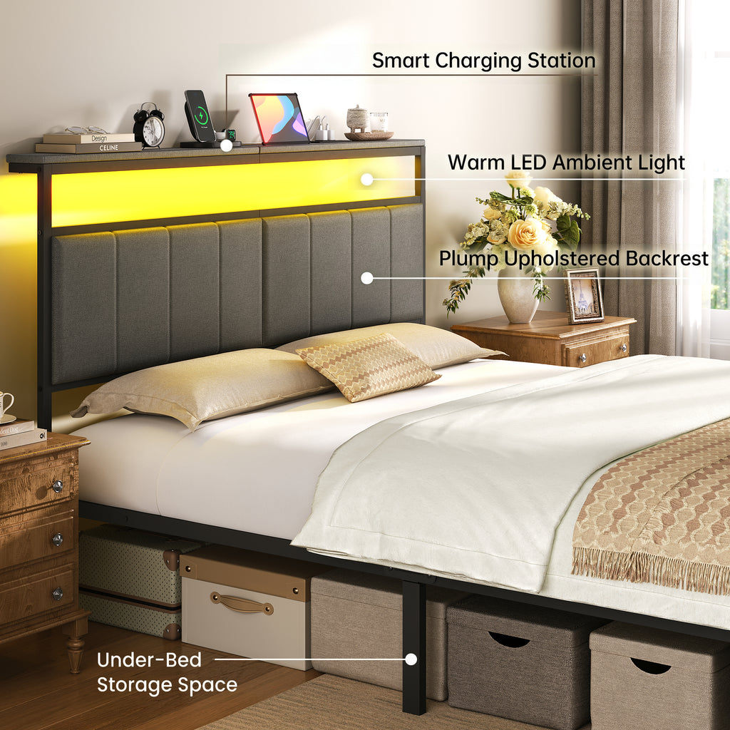 Bed Frame with 2 Storage Drawers, Upholstered Headboard with Charging Station and LED Lights, Metal Platform Bed with Storage Shelf, Noise Free, No Box Spring Needed, Easy Assembly, Grey