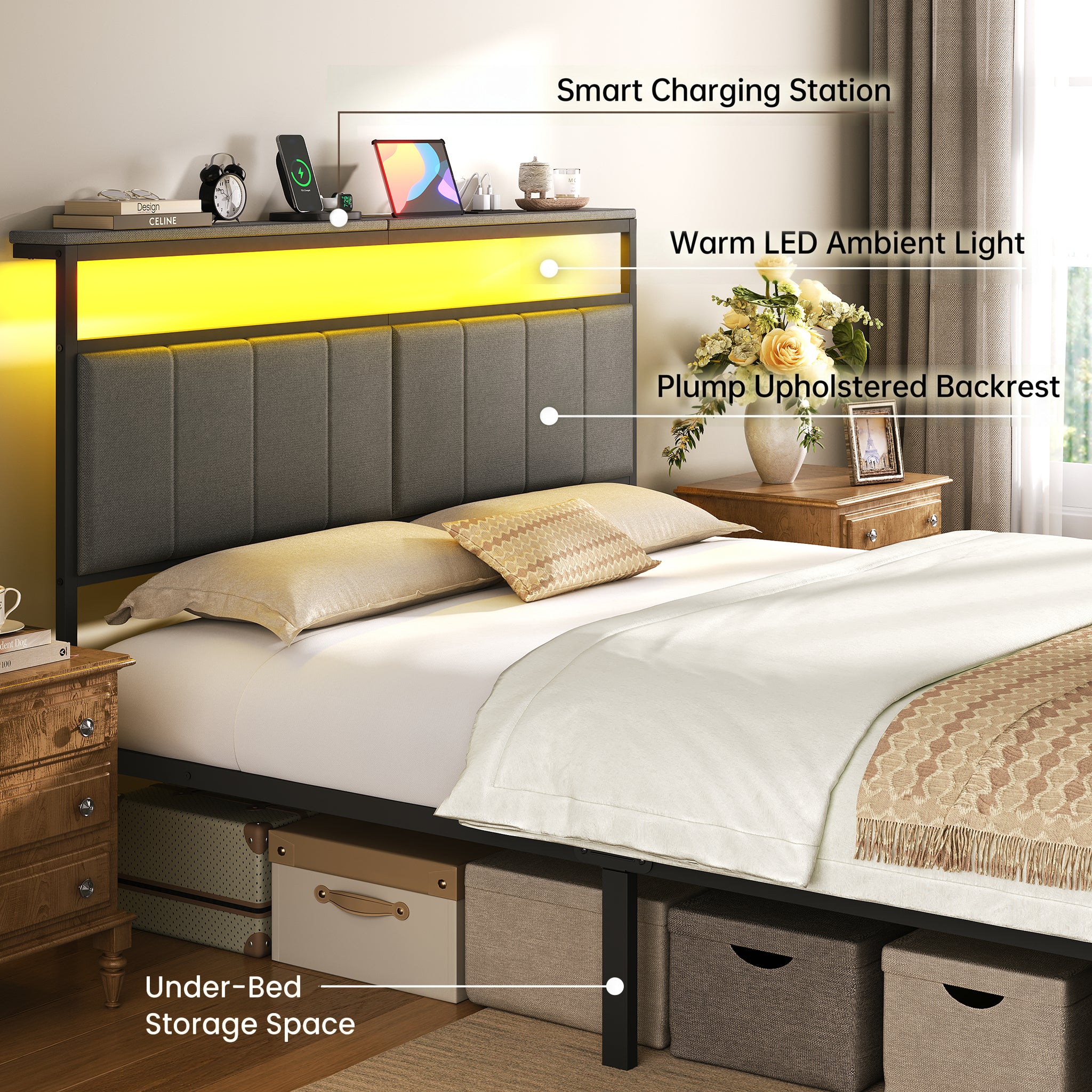 Bed Frame with 2 Storage Drawers, Upholstered Headboard with Charging Station and LED Lights, Metal Platform Bed with Storage Shelf, Noise Free, No Box Spring Needed, Easy Assembly, Grey