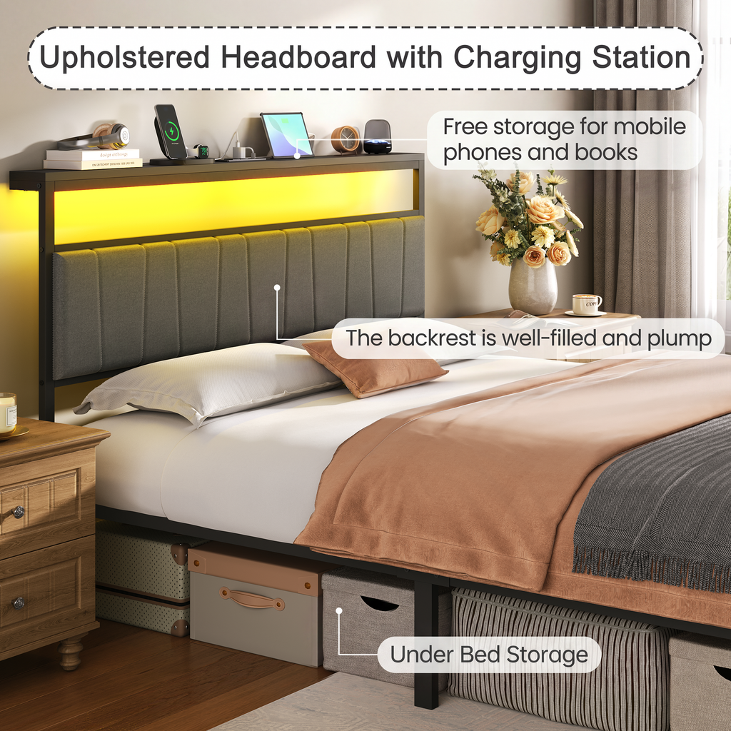 Queen Bed Frame with Storage Drawers and Charging Station, Upholstered Platform Bed with LED Lights, Headboard Storage Shelf, Noise Free, Metal Support, No Box Spring Needed, Easy Assembly, Grey