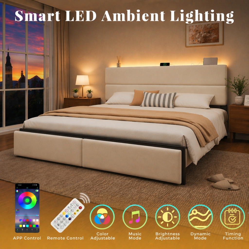 Queen Bed Frame with 2 Storage Drawers, Velvet Upholstered Platform Bed Frame with Charging Ledge, LED Headboard Lighting, Metal Support, Noise Free, No Box Spring Needed, Easy Assembly