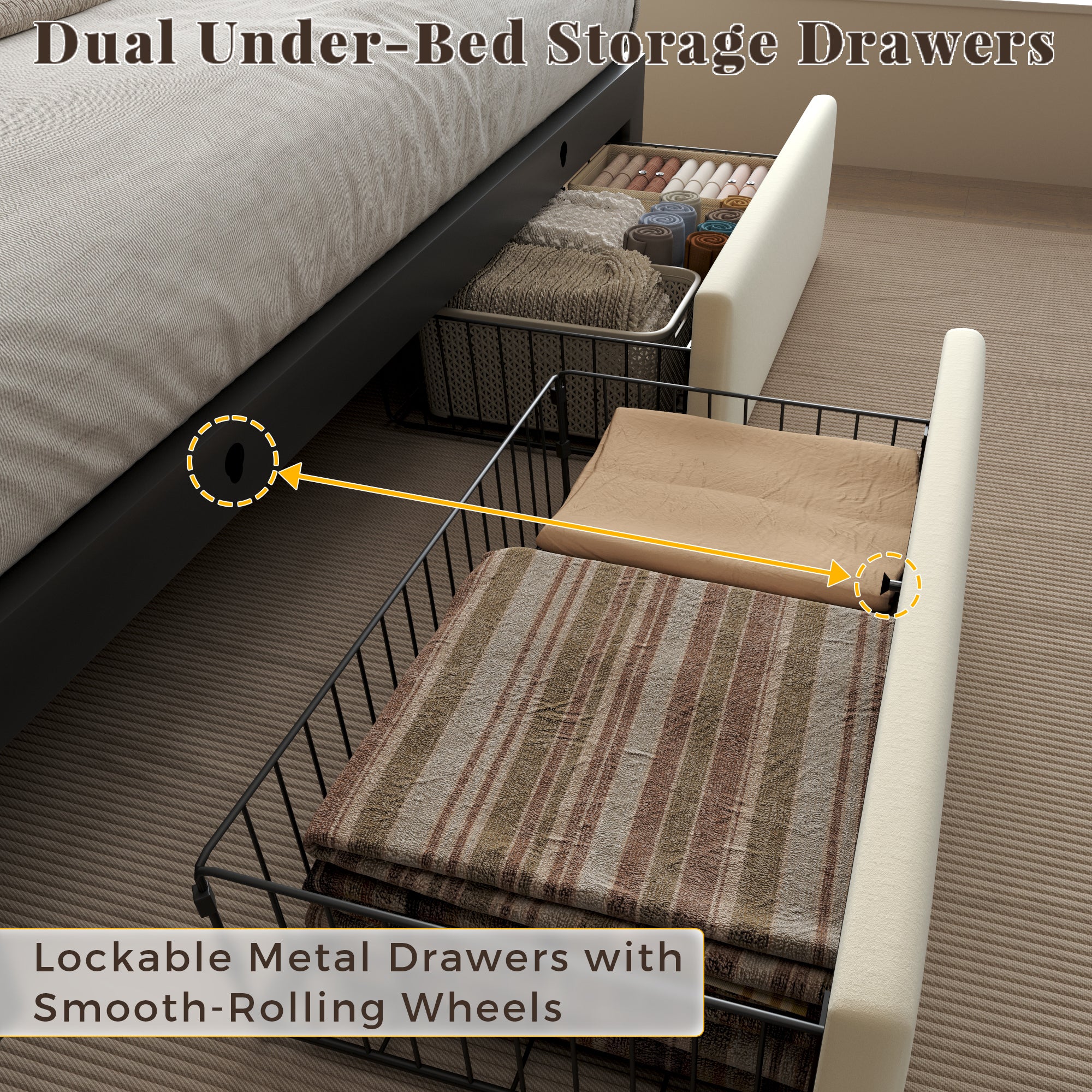 Queen Bed Frame with 2 Storage Drawers, Velvet Upholstered Platform Bed Frame with Charging Ledge, LED Headboard Lighting, Metal Support, Noise Free, No Box Spring Needed, Easy Assembly