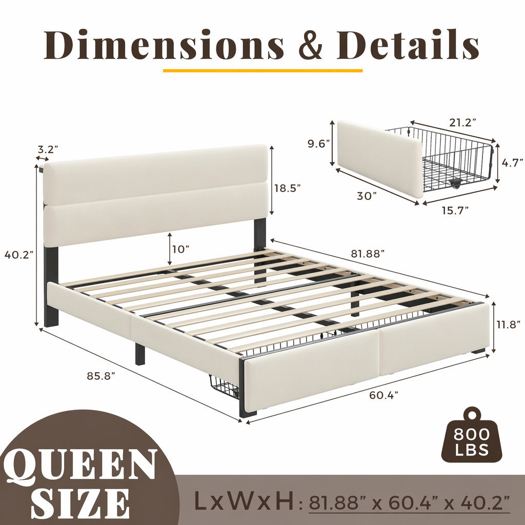 Queen Bed Frame with 2 Storage Drawers, Velvet Upholstered Platform Bed Frame with Charging Ledge, LED Headboard Lighting, Metal Support, Noise Free, No Box Spring Needed, Easy Assembly
