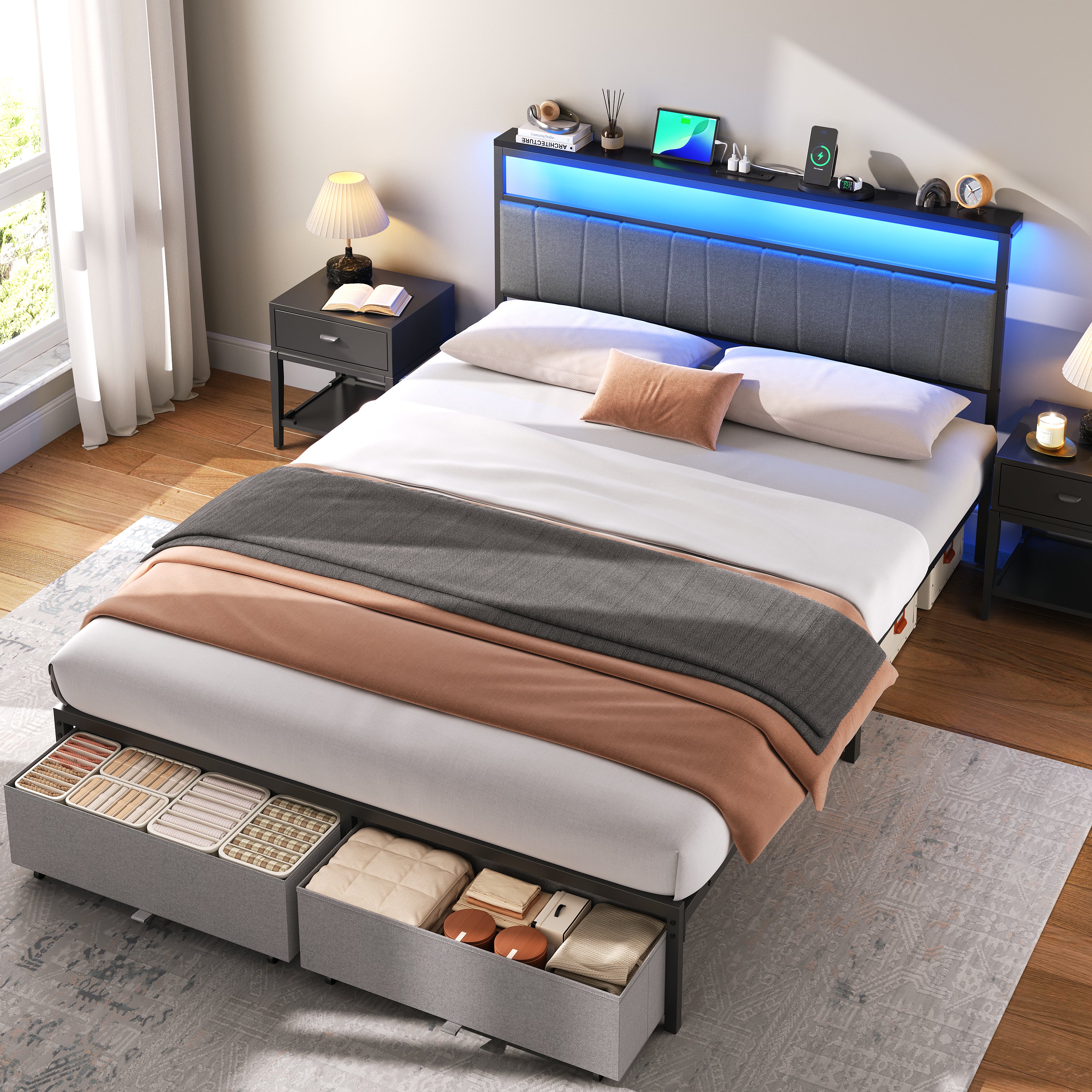 Queen Bed Frame with Storage Drawers and Charging Station, Upholstered Platform Bed with LED Lights, Headboard Storage Shelf, Noise Free, Metal Support, No Box Spring Needed, Easy Assembly, Grey
