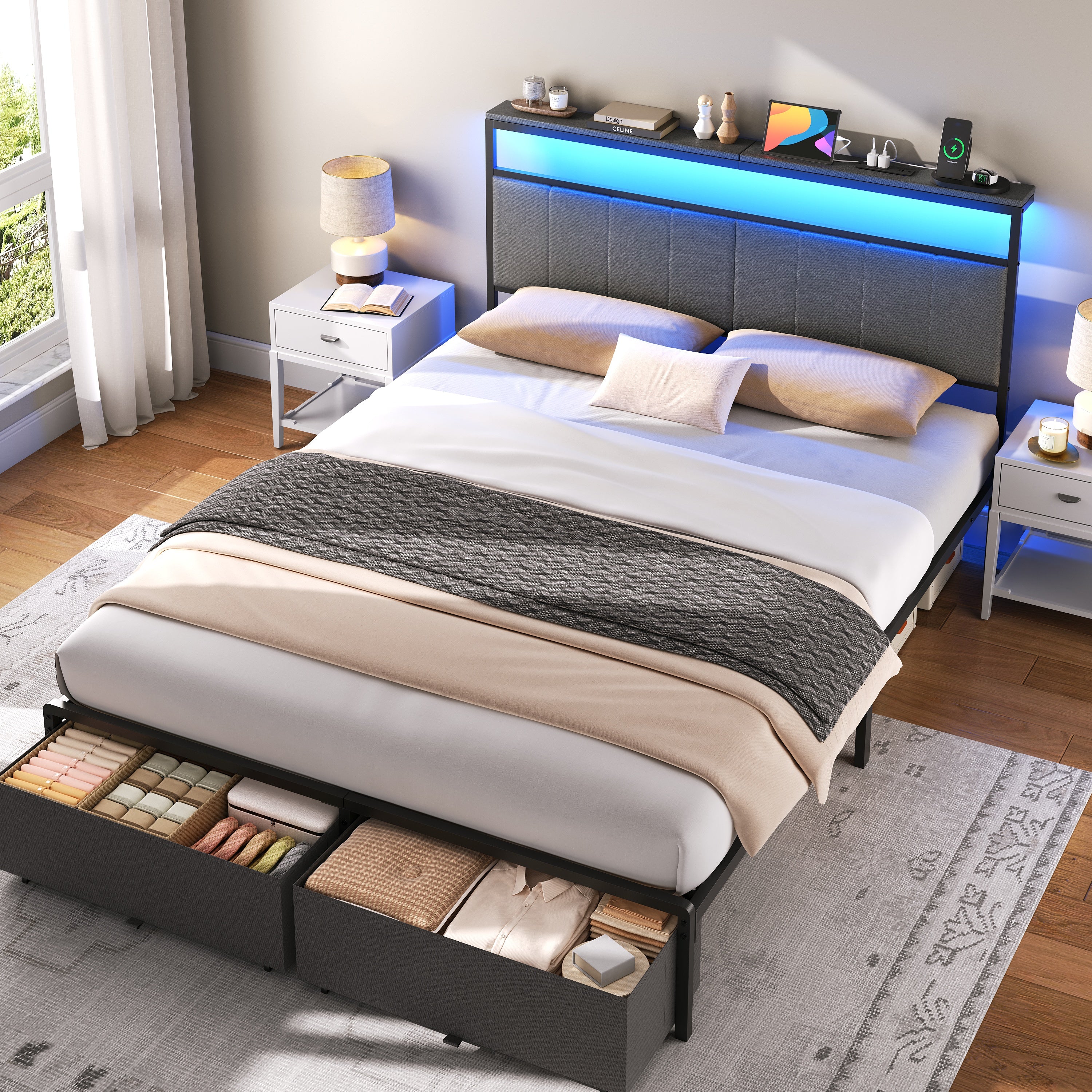 Bed Frame with 2 Storage Drawers, Upholstered Headboard with Charging Station and LED Lights, Metal Platform Bed with Storage Shelf, Noise Free, No Box Spring Needed, Easy Assembly, Grey