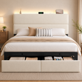Queen Bed Frame with 2 Storage Drawers, Velvet Upholstered Platform Bed Frame with Charging Ledge, LED Headboard Lighting, Metal Support, Noise Free, No Box Spring Needed, Easy Assembly