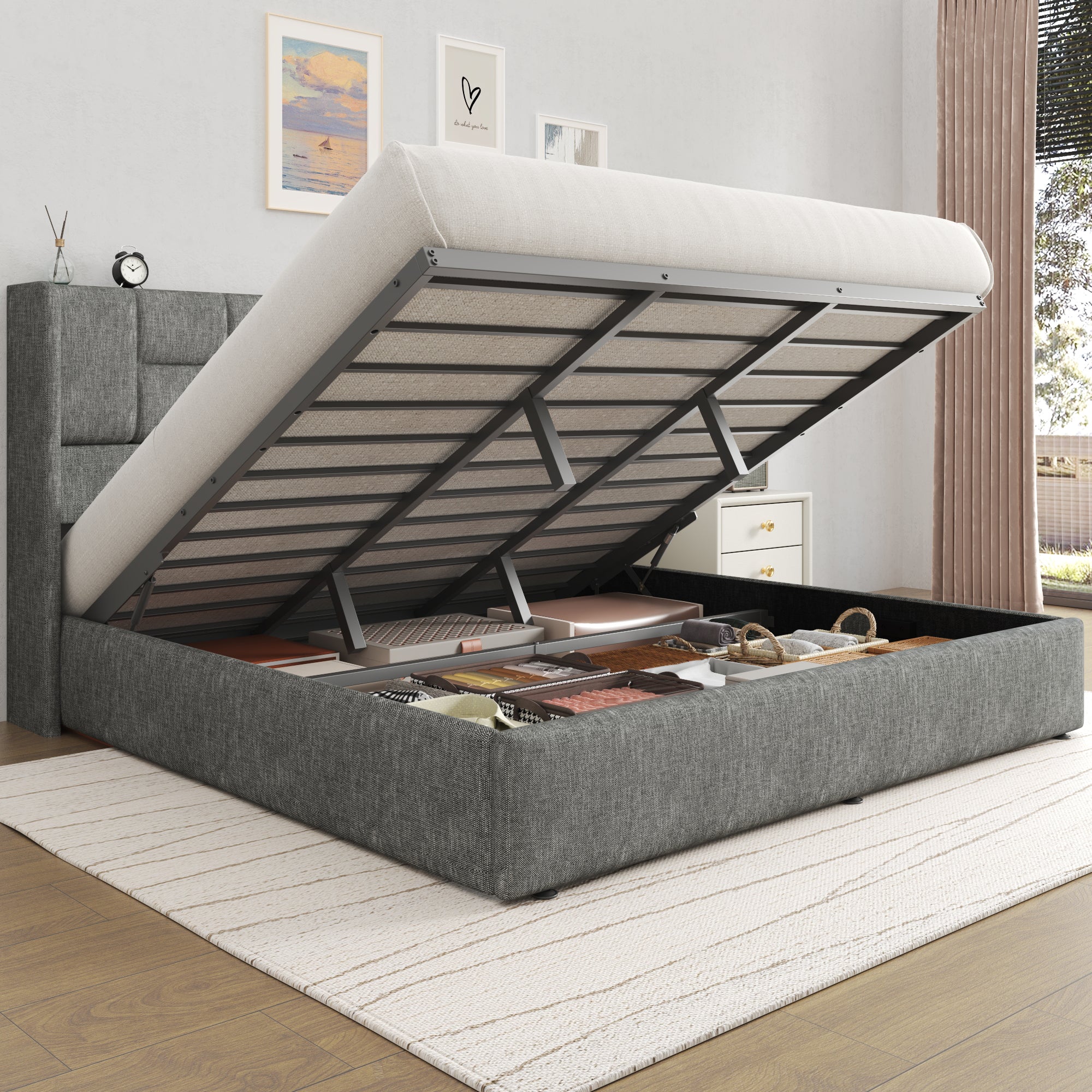 King Bed Frame with Hydraulic Gas Lift Up Storage, Linen Upholstered Platform Bed with Wingback Headboard, Heavy Duty Metal Slats, Noise Free, 1000LBS Capacity, No Box Spring Needed, Beige