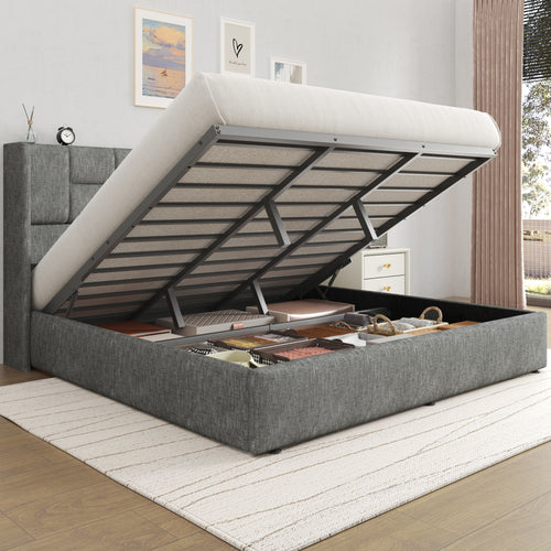 King Bed Frame with Hydraulic Gas Lift Up Storage, Linen Upholstered Platform Bed with Wingback Headboard, Heavy Duty Metal Slats, Noise Free, 1000LBS Capacity, No Box Spring Needed, Beige