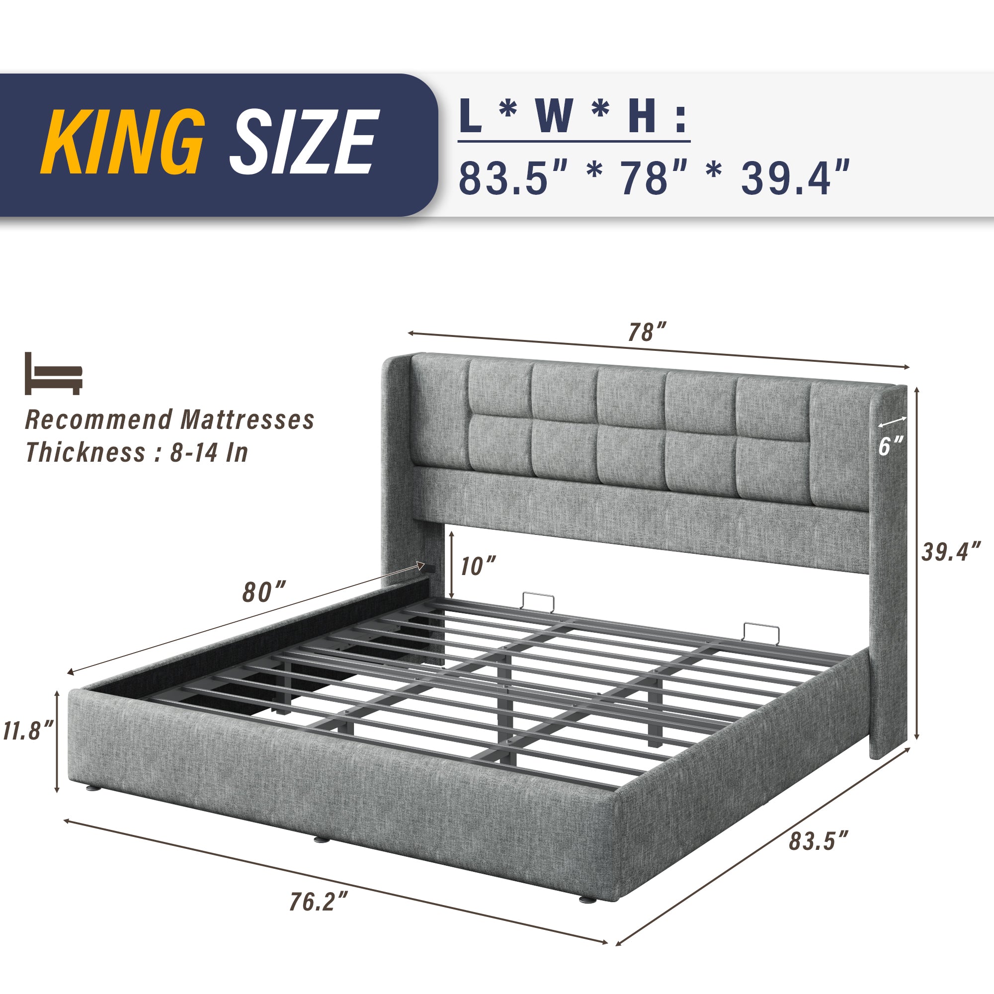 King Bed Frame with Hydraulic Gas Lift Up Storage, Linen Upholstered Platform Bed with Wingback Headboard, Heavy Duty Metal Slats, Noise Free, 1000LBS Capacity, No Box Spring Needed, Beige