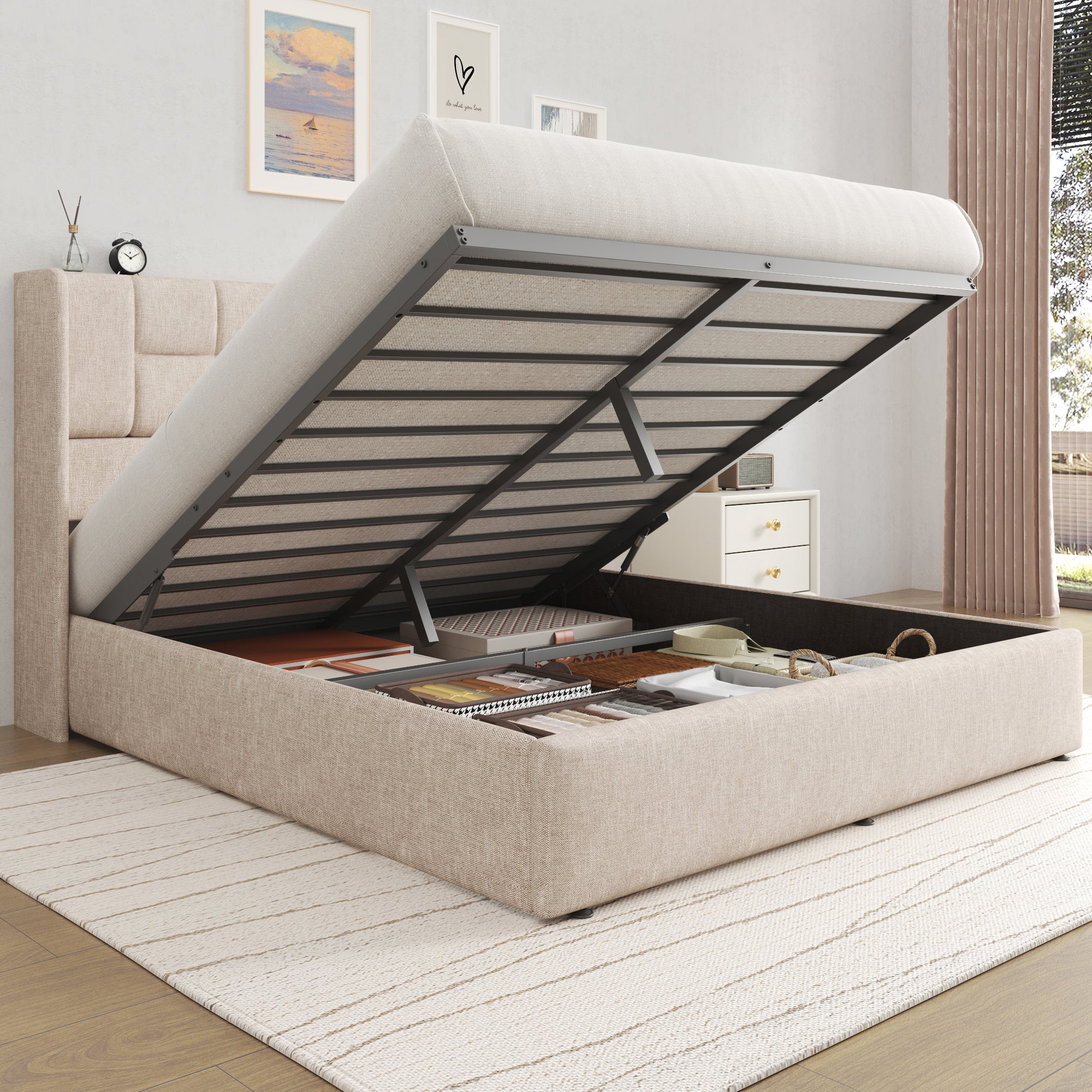 King Bed Frame with Hydraulic Gas Lift Up Storage, Linen Upholstered Platform Bed with Wingback Headboard, Heavy Duty Metal Slats, Noise Free, 1000LBS Capacity, No Box Spring Needed, Beige