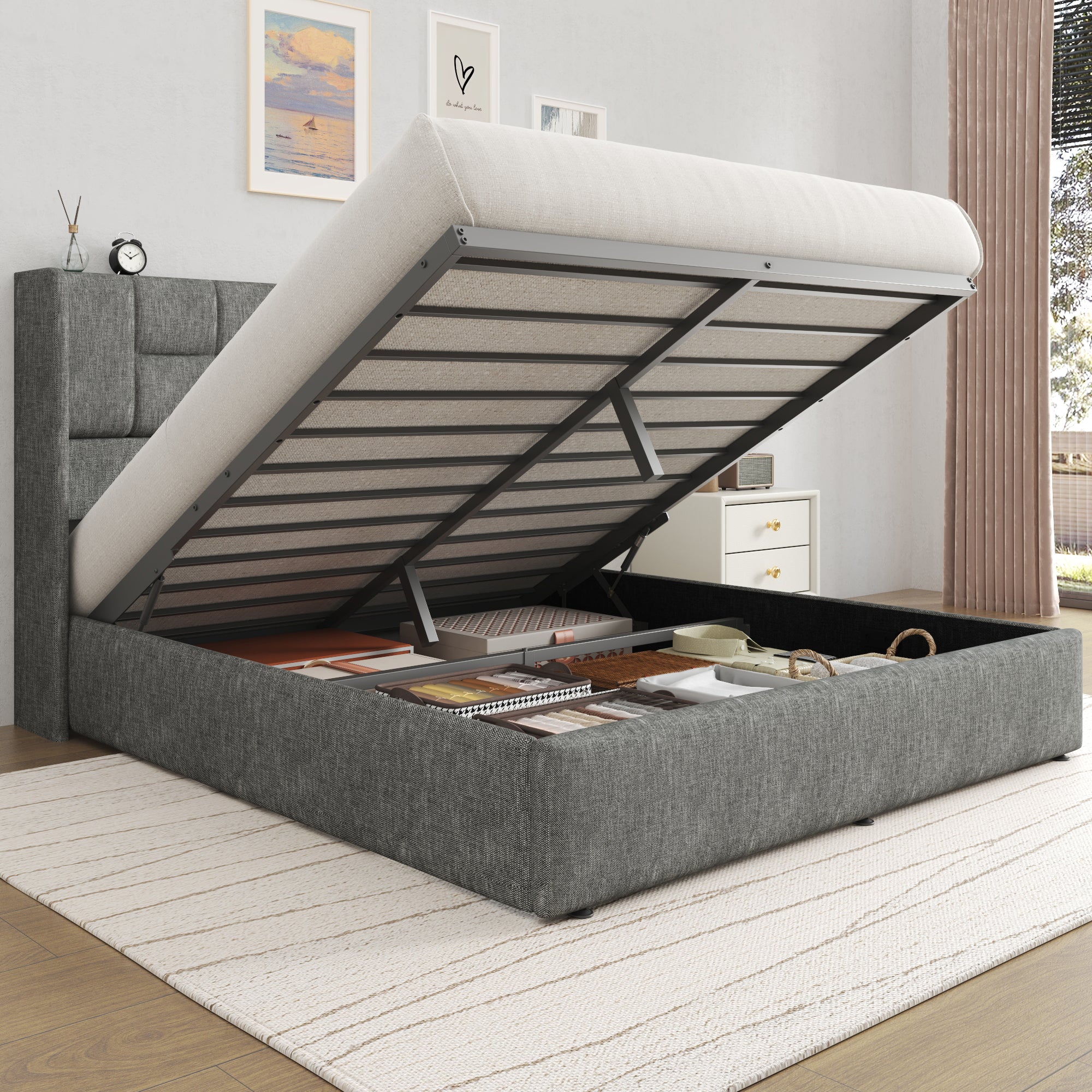 King Bed Frame with Hydraulic Gas Lift Up Storage, Linen Upholstered Platform Bed with Wingback Headboard, Heavy Duty Metal Slats, Noise Free, 1000LBS Capacity, No Box Spring Needed, Beige