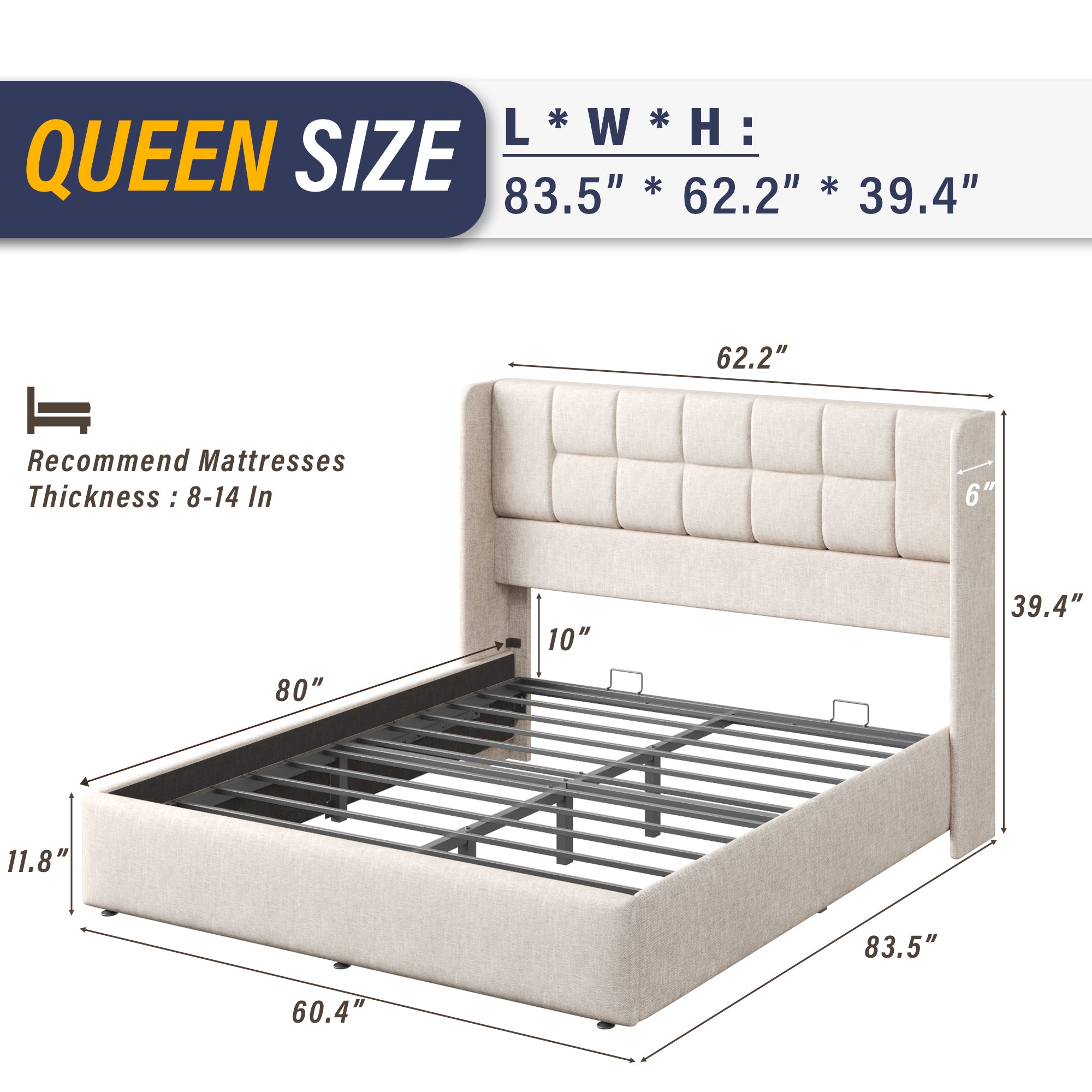 King Bed Frame with Hydraulic Gas Lift Up Storage, Linen Upholstered Platform Bed with Wingback Headboard, Heavy Duty Metal Slats, Noise Free, 1000LBS Capacity, No Box Spring Needed, Beige