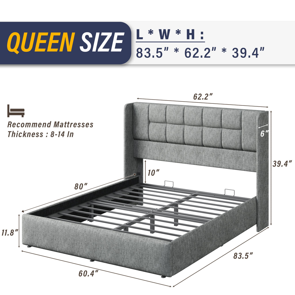 King Bed Frame with Hydraulic Gas Lift Up Storage, Linen Upholstered Platform Bed with Wingback Headboard, Heavy Duty Metal Slats, Noise Free, 1000LBS Capacity, No Box Spring Needed, Beige